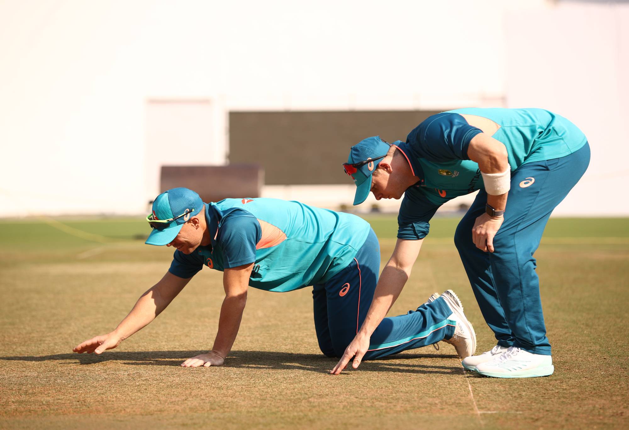 NAGPUR, INDIA - FEBRUARY 07: Steve Smith and David Warner of Australia check the pitchduring a training session at Vidarbha Cricket Association Ground on February 07, 2023 in Nagpur, India. (Photo by Robert Cianflone/Getty Images)