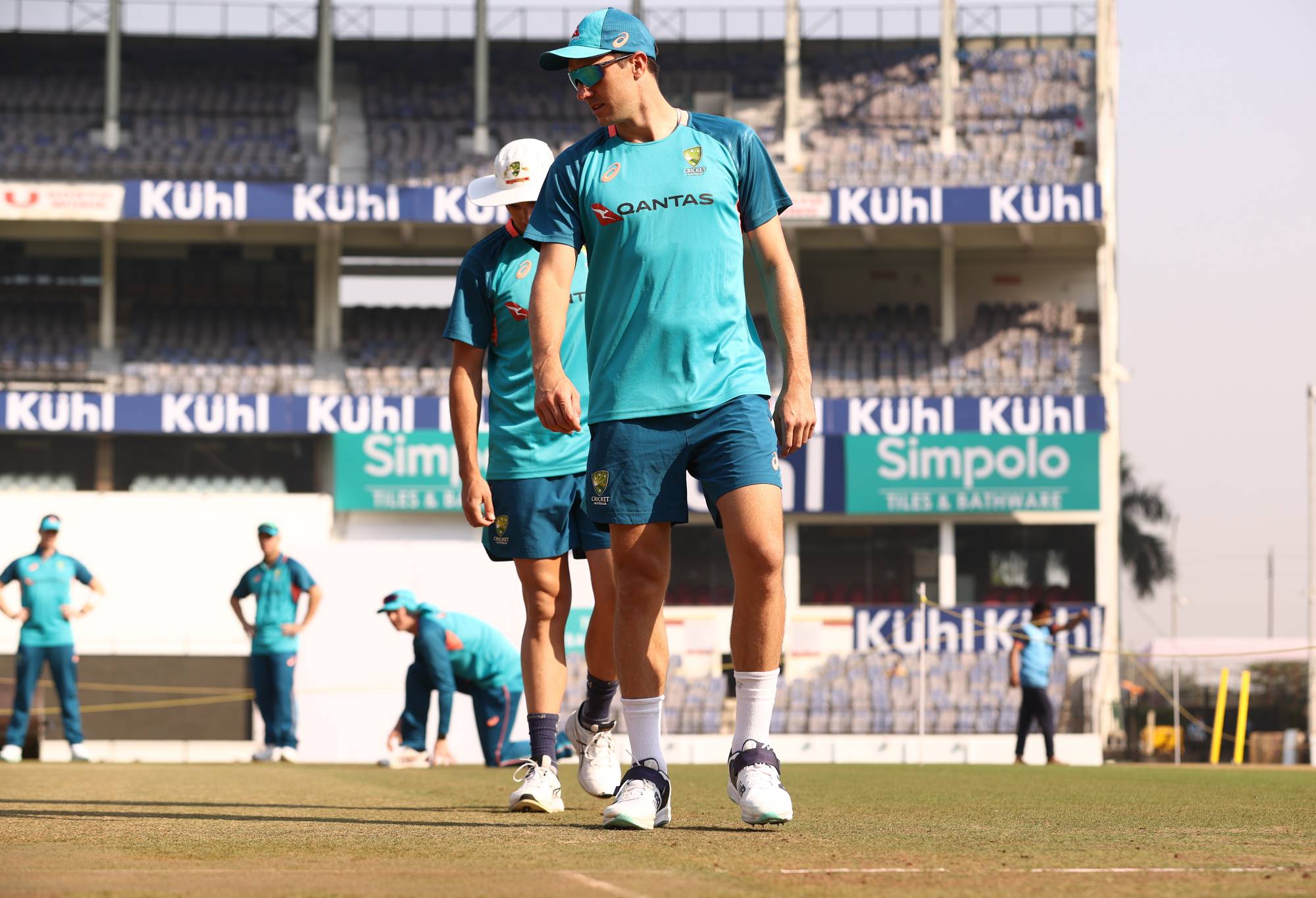 NAGPUR, INDIA - FEBRUARY 07: Pat Cummins and Scott Boland of Australia check the pitch during a training session at Vidarbha Cricket Association Ground on February 07, 2023 in Nagpur, India. (Photo by Robert Cianflone/Getty Images)