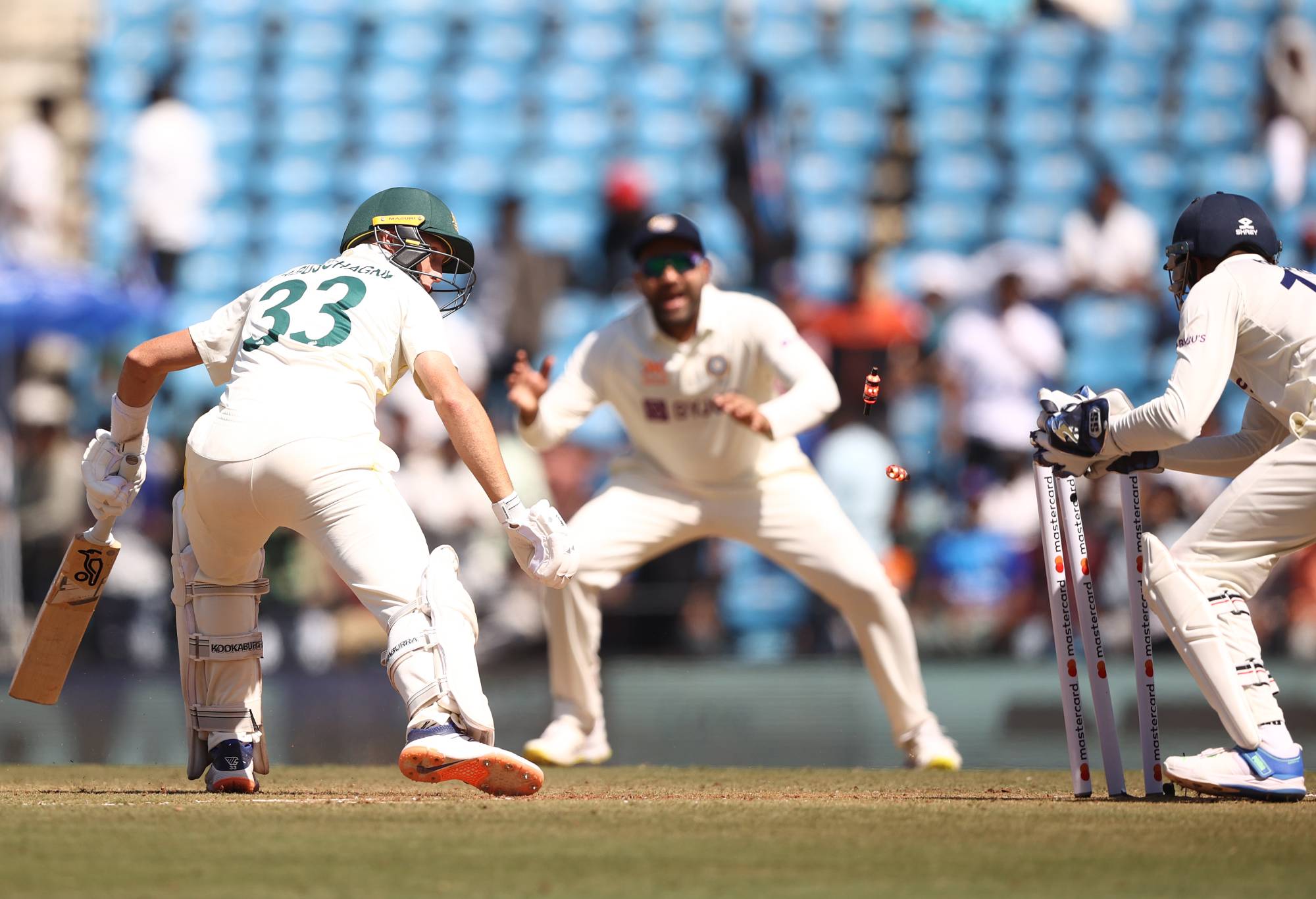 NAGPUR, INDIA - FEBRUARY 09: KS Bharat of India stumps Marnus Labuschagne of Australia during day one of the First Test match in the series between India and Australia at Vidarbha Cricket Association Ground on February 09, 2023 in Nagpur, India. (Photo by Robert Cianflone/Getty Images)