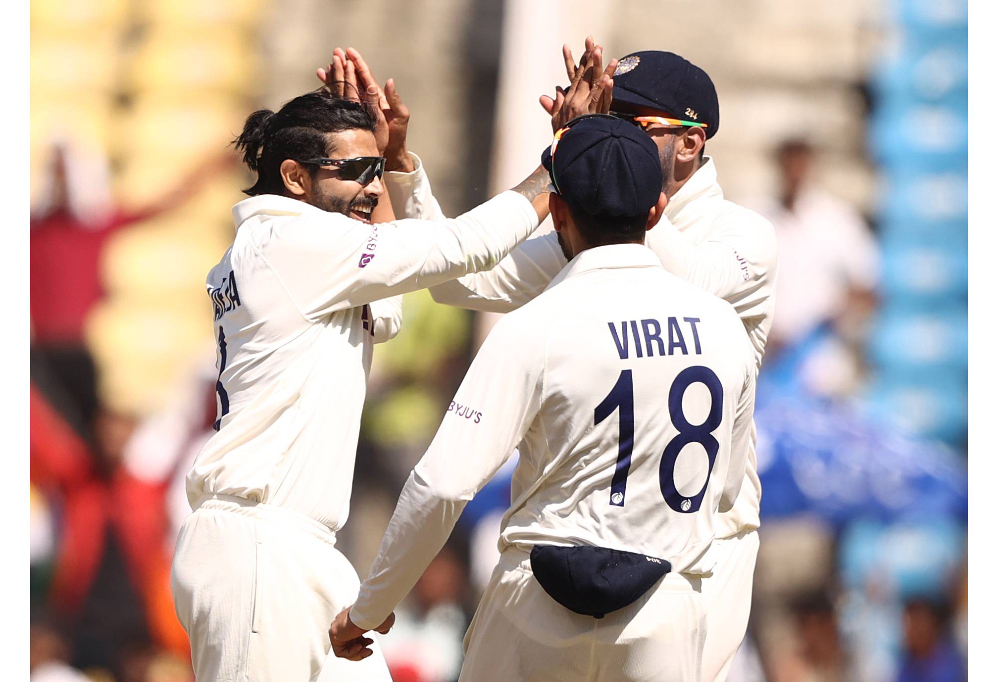 NAGPUR, INDIA - FEBRUARY 09: Ravindra Jadeja of India celebrates taking the wicket of Marnus Labuschagne of Australia during day one of the First Test match in the series between India and Australia at Vidarbha Cricket Association Ground on February 09, 2023 in Nagpur, India. (Photo by Robert Cianflone/Getty Images)