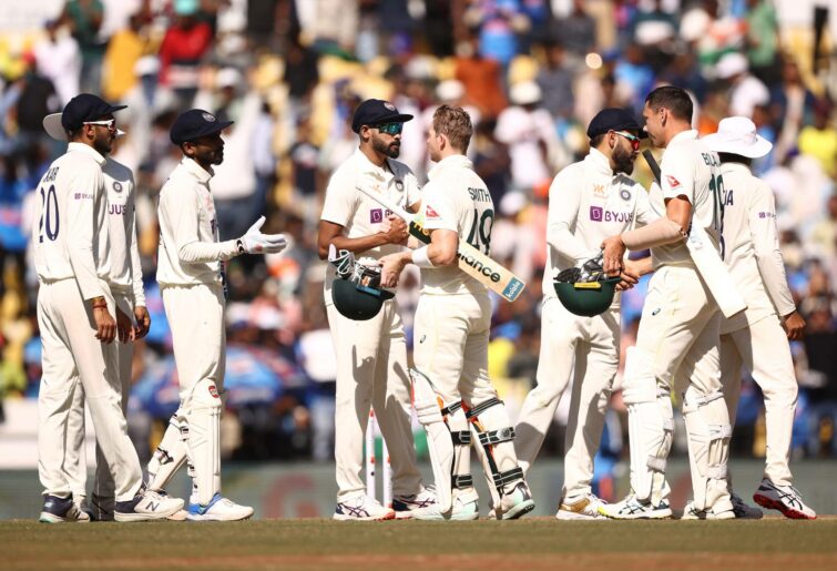NAGPUR, INDIA - FEBRUARY 11: Players shake hands after India defeats Australia on day three of the first Test match in the series between India and Australia at Vidarbha Cricket Association Ground on February 11, 2023 in Nagpur, India. (Photo by Robert Cianflone/Getty Images)