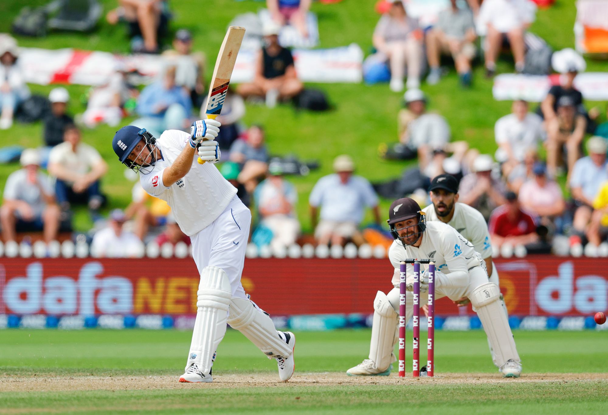 WELLINGTON, NEW ZEALAND - FEBRUARY 28: Joe Root of England bats during day five of the Second Test Match between New Zealand and England at Basin Reserve on February 28, 2023 in Wellington, New Zealand. (Photo by Hagen Hopkins/Getty Images)