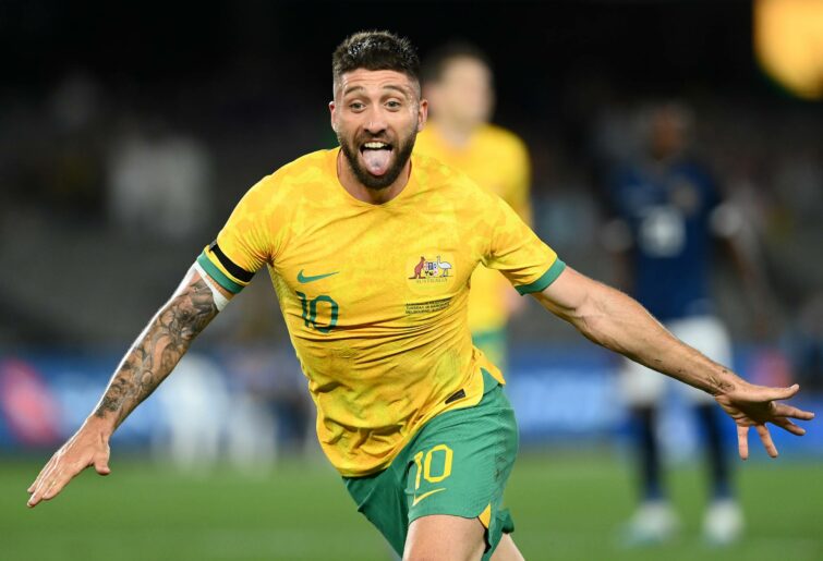 Brandon Borrello of the Socceroos celebrates scoring a goal during the International Friendly match between the Australia Socceroos and Ecuador at Marvel Stadium on March 28, 2023 in Melbourne, Australia. (Photo by Quinn Rooney/Getty Images)
