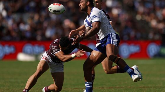 SYDNEY, AUSTRALIA - MARCH 04: Viliame Kikau of the Bulldogs is tackled during the round one NRL match between the Manly Sea Eagles and the Canterbury Bulldogs at 4 Pines Park on March 04, 2023 in Sydney, Australia. (Photo by Cameron Spencer/Getty Images)