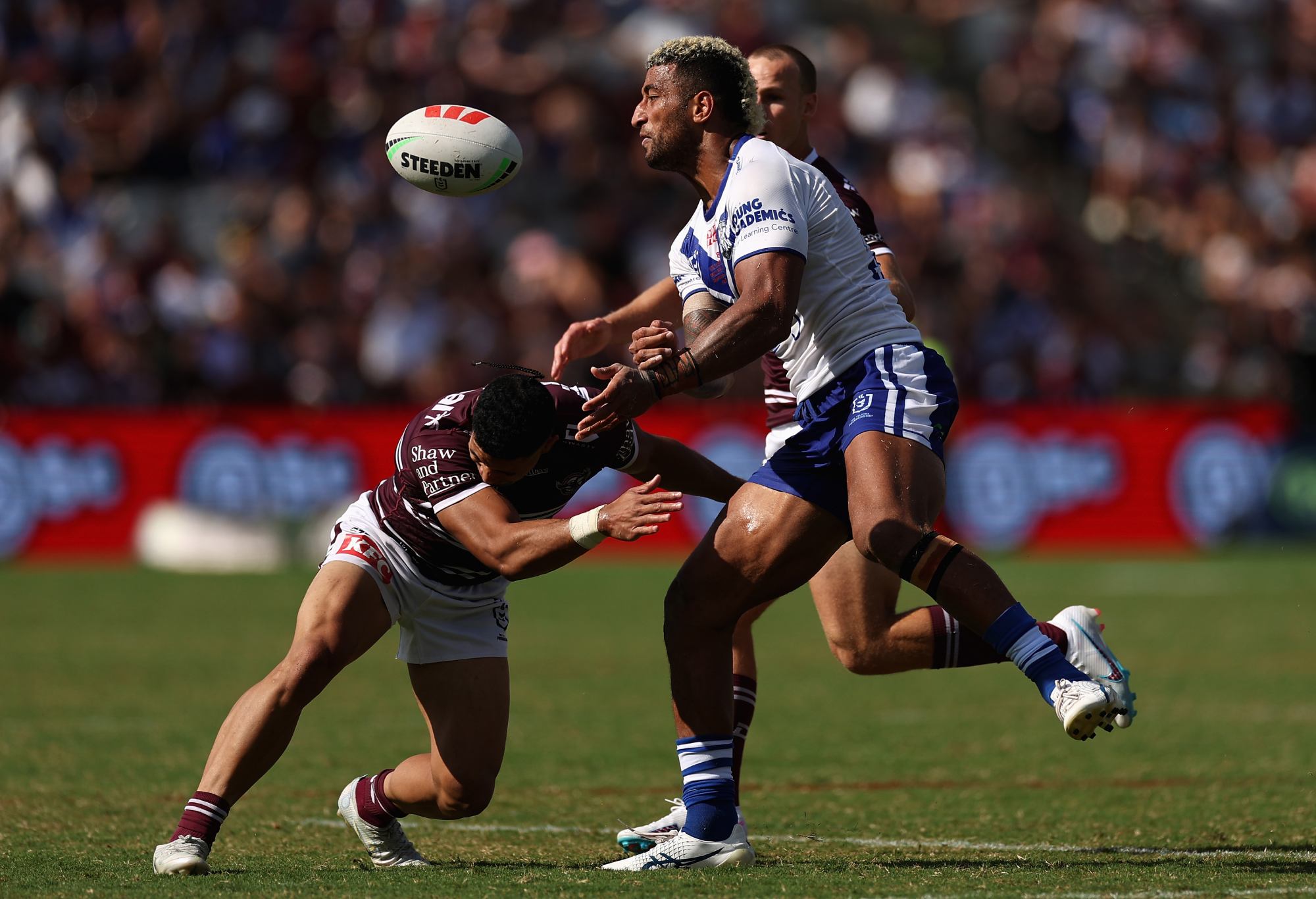 SYDNEY, AUSTRALIA - MARCH 4: Viliame Kikau of the Bulldogs is tackled during the NRL first round game between the Manly Sea Eagles and the Canterbury Bulldogs at 4 Pines Park on March 4, 2023 in Sydney, Australia. (Photo by Cameron Spencer/Getty Images)