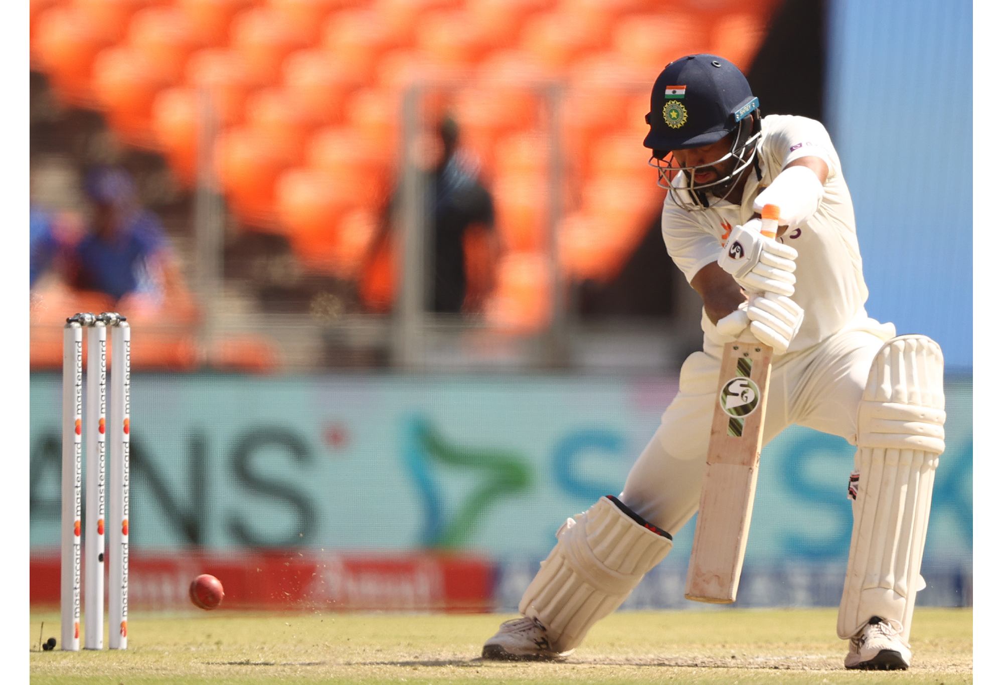 AHMEDABAD, INDIA - MARCH 11: Cheteshwar Pujara of India bats during day three of the Fourth Test match in the series between India and Australia at Narendra Modi Stadium on March 11, 2023 in Ahmedabad, India. (Photo by Robert Cianflone/Getty Images)