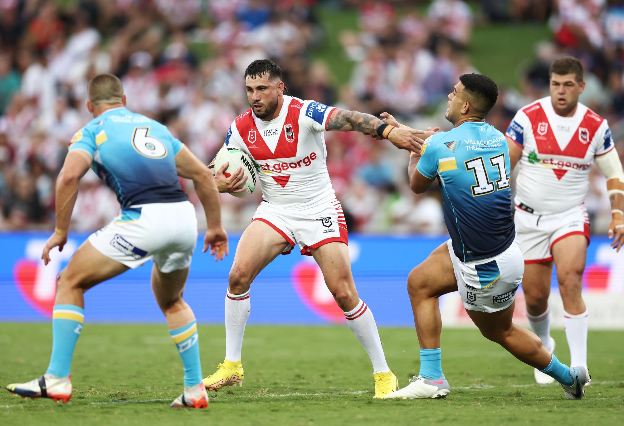 SYDNEY, AUSTRALIA - MARCH 12: Jack Bird of the Dragons is tackled during the round two NRL match between the St George Illawarra Dragons and the Gold Coast Titans at Netstrata Jubilee Stadium on March 12, 2023 in Sydney, Australia. (Photo by Matt King/Getty Images)