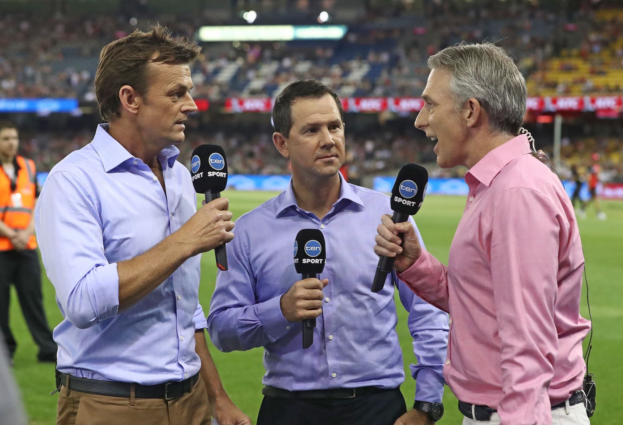 MELBOURNE, AUSTRALIA - JANUARY 07:  Network Ten's commentary team members Adam Gilchrist, Ricky Ponting and Damien Fleming  during the Big Bash League match between the Melbourne Renegades and the Melbourne Stars at Etihad Stadium on January 7, 2017 in Melbourne, Australia.  (Photo by Scott Barbour - CA/Cricket Australia via Getty Images/Getty Images)