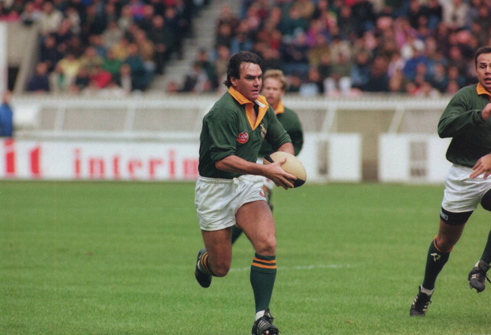 South African rugby player Danie Gerber during the second friendly match between France and South Africa at Parc des Princes in Paris, October 24, 1992. France won 29 points to 16.  (Photo by Howard Boylan/Getty Images)