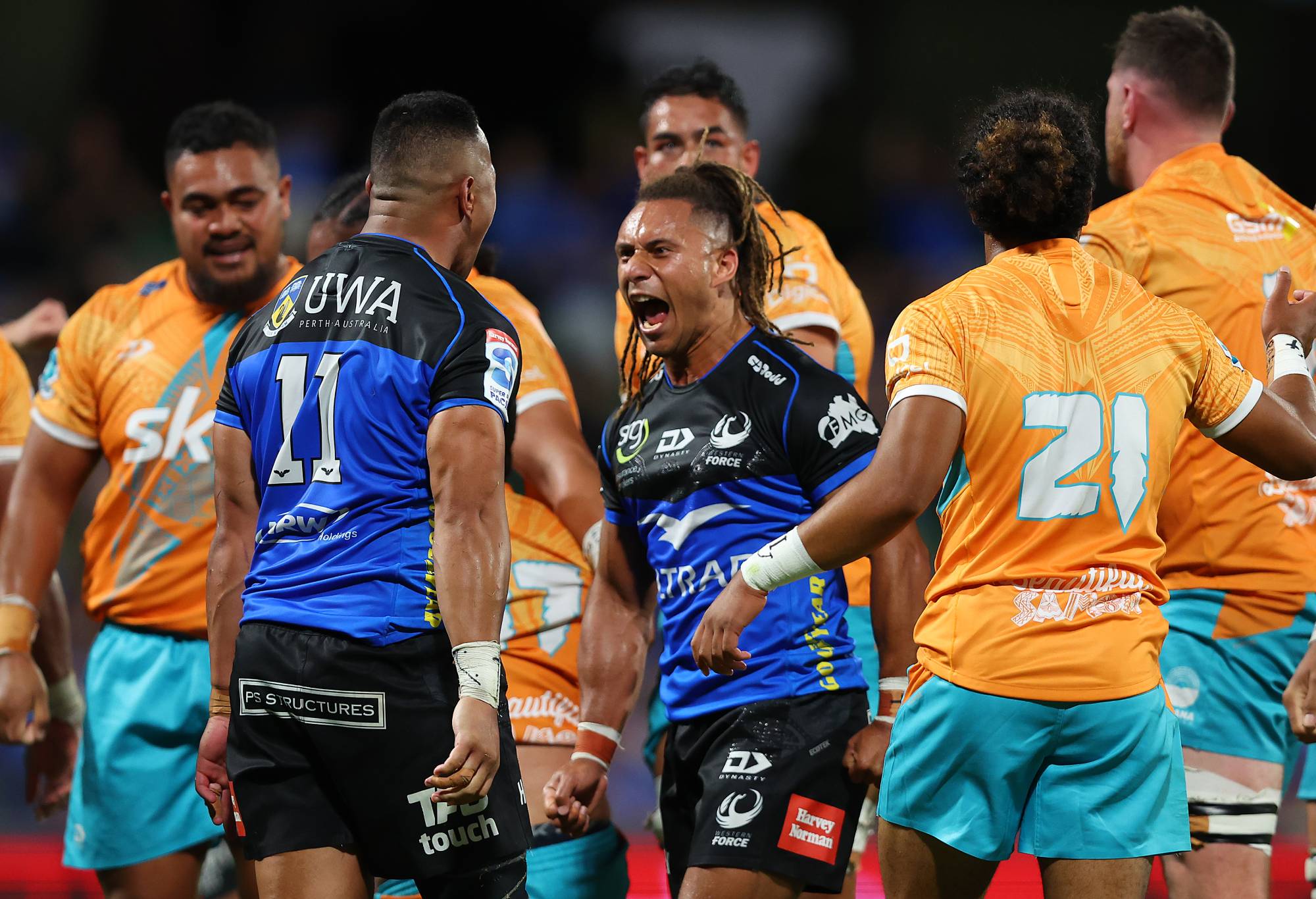 Toni Pulu and Issak Fines-Leleiwasa of the Force celebrate after a penalty is awarded during the round three Super Rugby Pacific match between Western Force and Moana Pasifika at HBF Park, on March 11, 2023, in Perth, Australia. (Photo by Paul Kane/Getty Images)