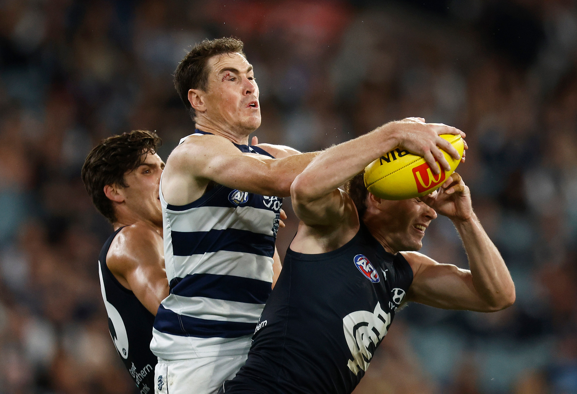 Blake Acres of the Blues marks the ball against Jeremy Cameron of the Cats.