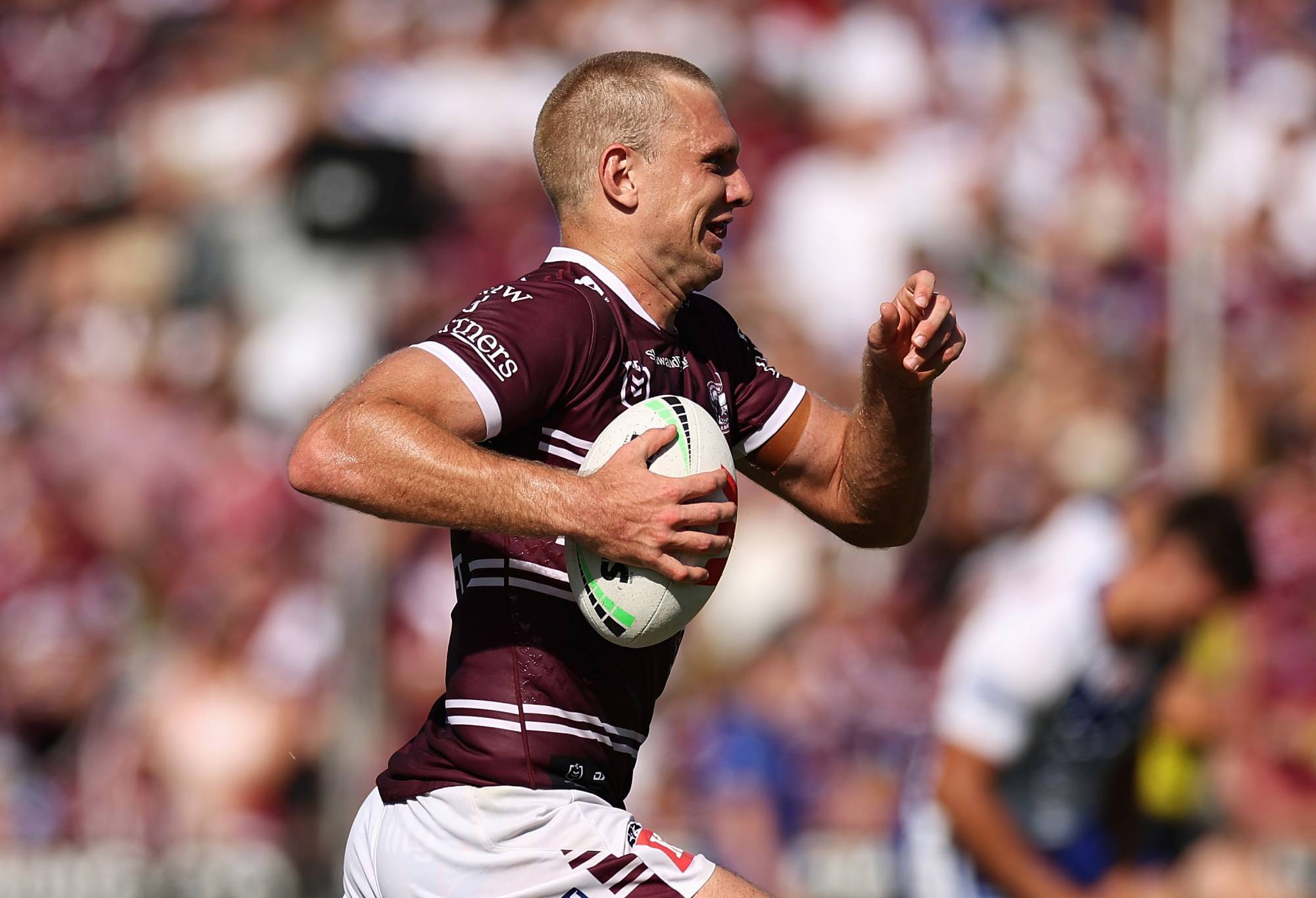 Tom Trbojevic of the Sea Eagles makes a break during the round one NRL match between the Manly Sea Eagles and the Canterbury Bulldogs at 4 Pines Park