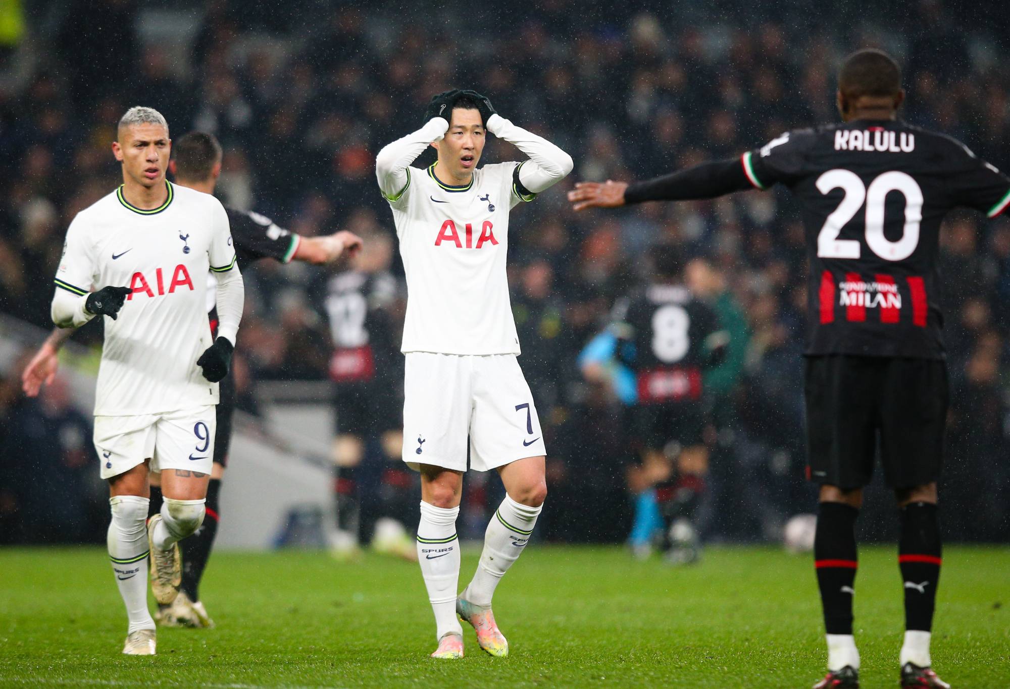Heung-Min Son of Tottenham Hotspur looks dejected during the UEFA Champions League Round of 16 match between Tottenham Hotspur and AC Milan at Tottenham Hotspur Stadium on March 8, 2023 in London, United Kingdom. (Photo by Craig Mercer/MB Media/Getty Images)