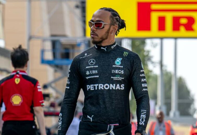 Lewis Hamilton, Mercedes, goes through the pit lane in Bahrain