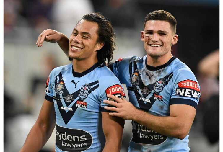 TOWNSVILLE, AUSTRALIA - JUNE 09: Nathan Cleary and Jarome Luai of the Blues celebrate after winning game one of the 2021 State of Origin series between the New South Wales Blues and the Queensland Maroons at Queensland Country Bank Stadium on June 09, 2021 in Townsville, Australia. (Photo by Ian Hitchcock/Getty Images)