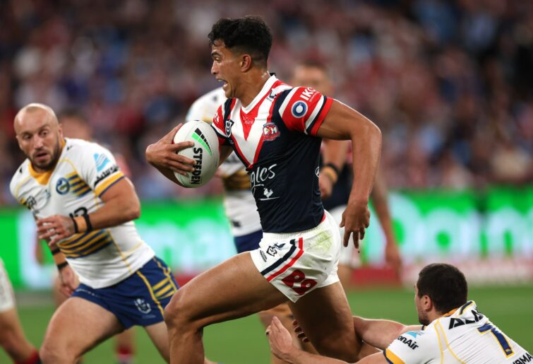 SYDNEY, AUSTRALIA - MARCH 30: Joseph-Aukuso Suaalii of the Sydney Roosters during the round five NRL match between the Sydney Roosters and the Parramatta Eels at Allianz Stadium on March 30, 2023 in Sydney, Australia. (Photo by Mark Kolbe/Getty Images)