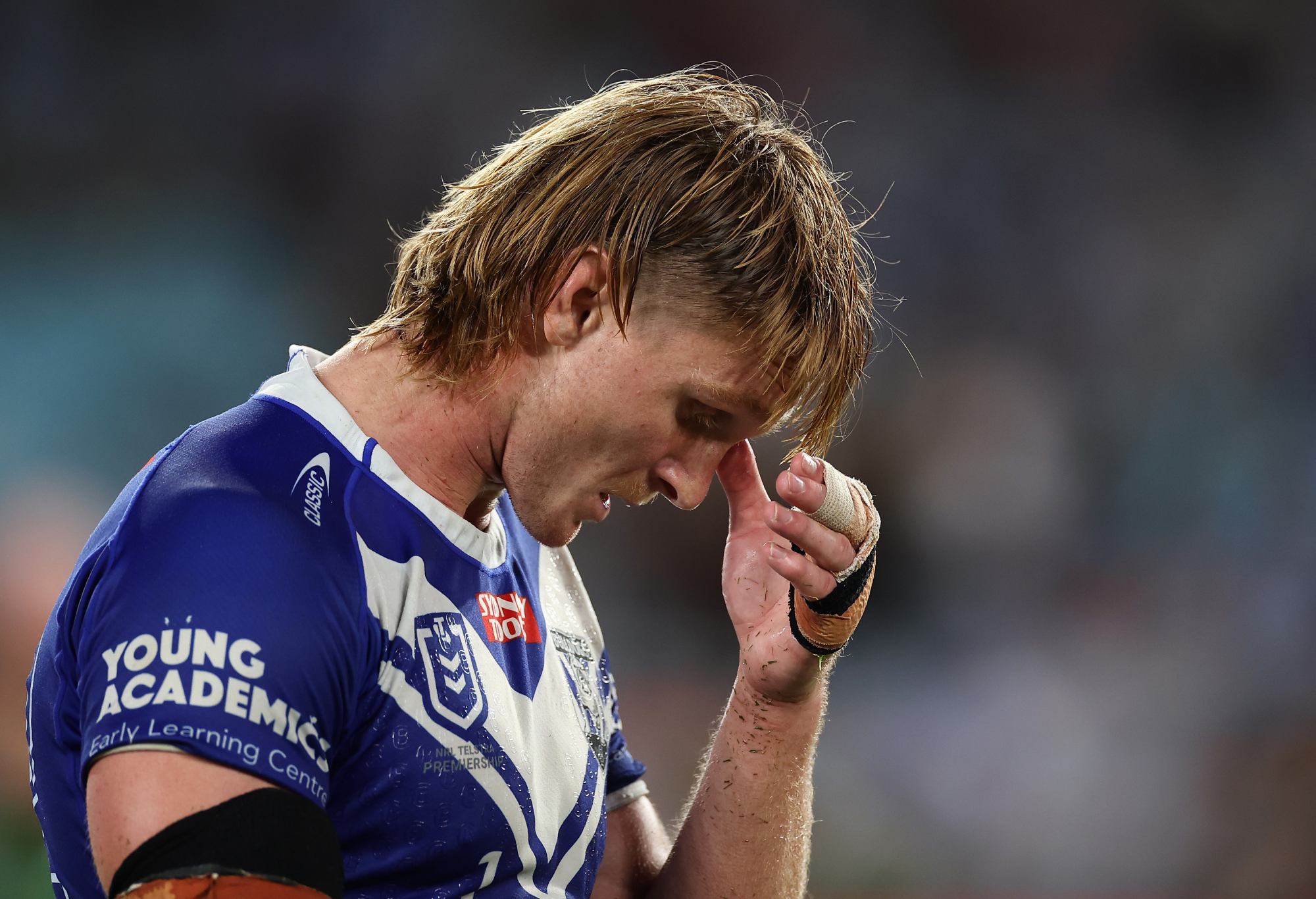SYDNEY, AUSTRALIA - APRIL 07: Jacob Preston of the Bulldogs looks dejected after losing the round five NRL match between Canterbury Bulldogs and North Queensland Cowboys at Accor Stadium on April 07, 2023 in Sydney, Australia. (Photo by Cameron Spencer/Getty Images)