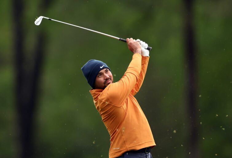AUGUSTA, GEORGIA - APRIL 09: Jason Day of Australia plays his shot from the 12th tee during the continuation of the weather delayed third round of the 2023 Masters Tournament at Augusta National Golf Club on April 09, 2023 in Augusta, Georgia. (Photo by Christian Petersen/Getty Images)
