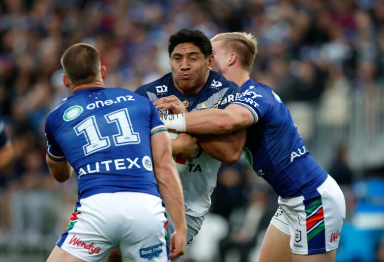 AUCKLAND, NEW ZEALAND - APRIL 15: Jason Taumalolo of the Cowboys charges forward during the round seven NRL match between New Zealand Warriors and North Queensland Cowboys at Mt Smart Stadium on April 15, 2023 in Auckland, New Zealand. (Photo by Andy Jackson/Getty Images)