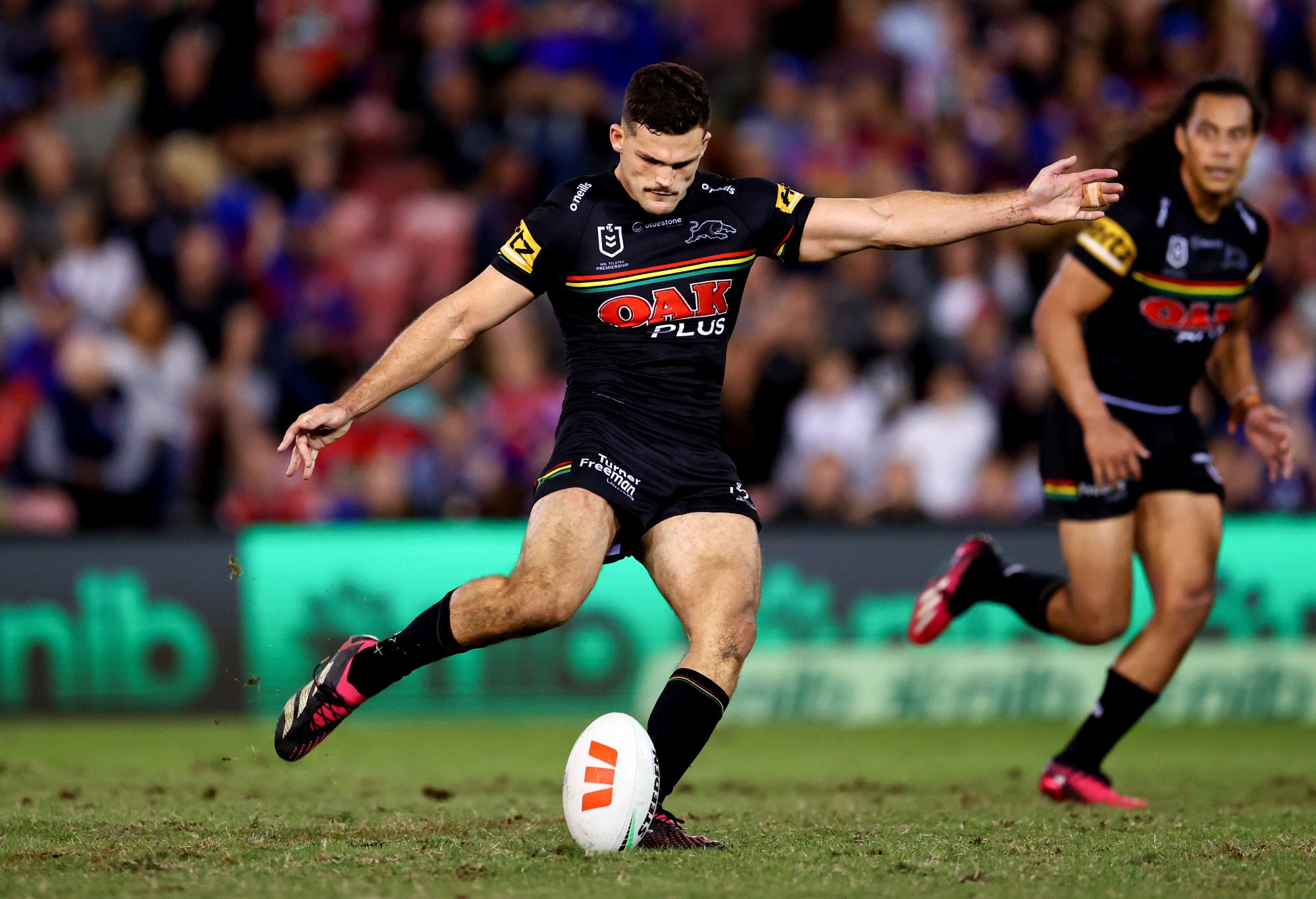 NEWCASTLE, AUSTRALIA - APRIL 15:Nathan Cleary of the Panthers kicks the winning field goal in golden point during the round seven NRL match between Newcastle Knights and Penrith Panthers at McDonald Jones Stadium on April 15, 2023 in Newcastle, Australia. (Photo by Brendon Thorne/Getty Images)