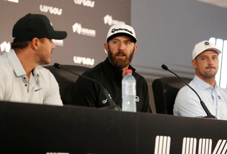 Brooks Koepka, Captain of team Smash and Dustin Johnson, Captain of 4Aces Bryson DeChambeau, Captain of the Crushers during a practice round ahead of LIV Golf Adelaide at The Grange Golf Club on April 19, 2023 in Adelaide, Australia. (Photo by Sarah Reed/Getty Images)