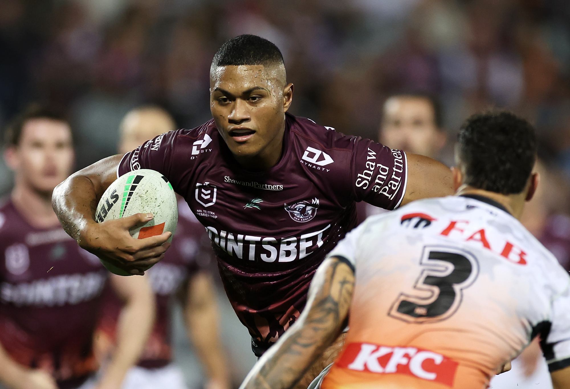SYDNEY, AUSTRALIA - APRIL 23: Samuela Fainu of the Sea Eagles runs the ball during the round eight NRL match between Wests Tigers and Manly Sea Eagles at Campbelltown Stadium on April 23, 2023 in Sydney, Australia. (Photo by Mark Kolbe/Getty Images)