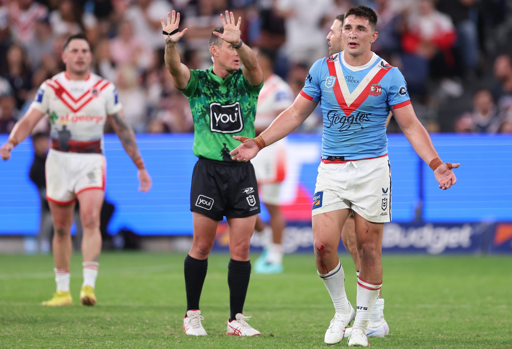 SYDNEY, AUSTRALIA - APRIL 25: Victor Radley of the Roosters is placed on report and sent to the sin-bin by Referee Adam Gee during the round eight NRL match between Sydney Roosters and St George Illawarra Dragons at Allianz Stadium on April 25, 2023 in Sydney, Australia. (Photo by Mark Kolbe/Getty Images)