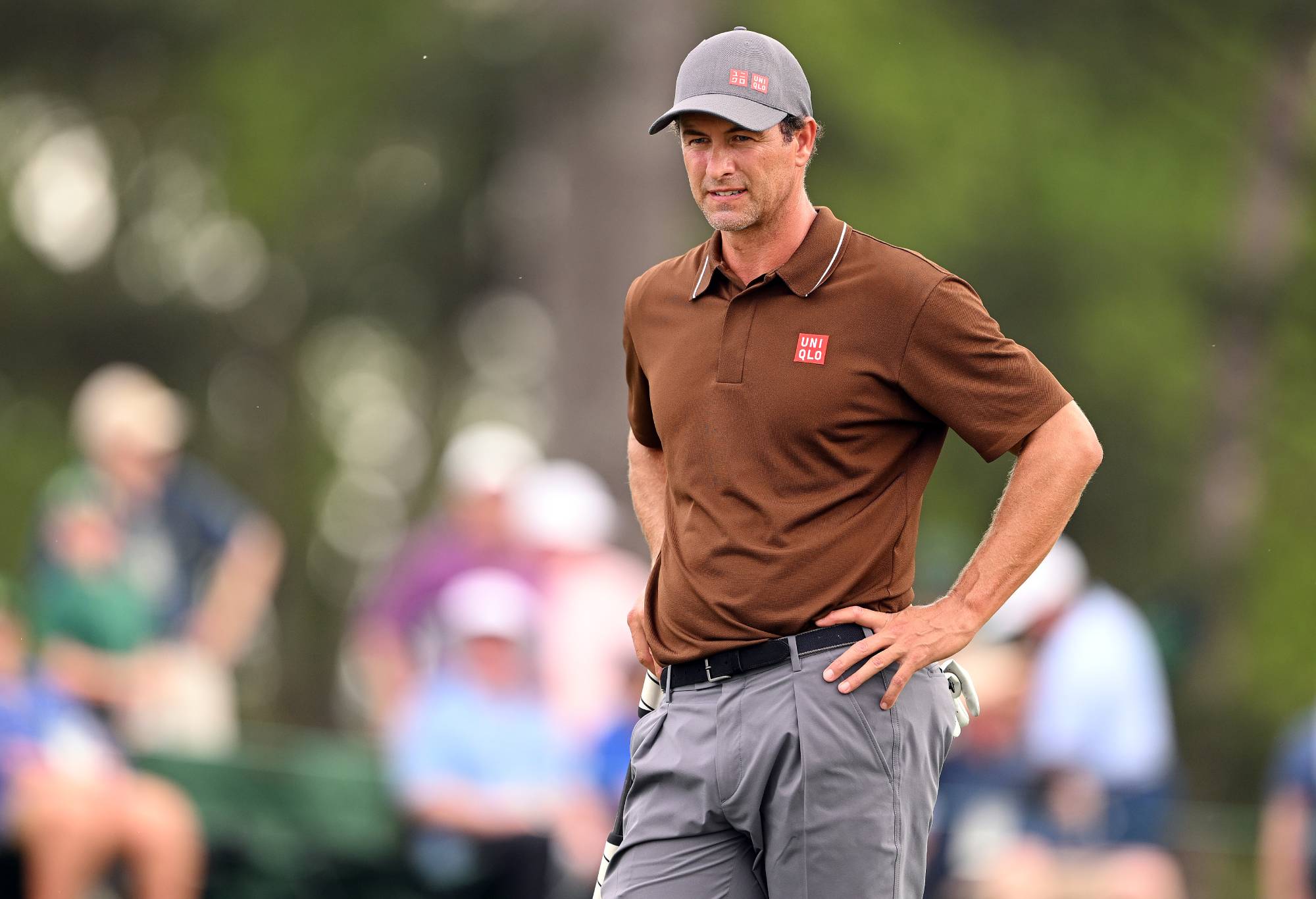 Adam Scott of Australia looks on from the 18th hole during the first round of the 2023 Masters Tournament at Augusta National Golf Club on April 06, 2023 in Augusta, Georgia. (Photo by Ross Kinnaird/Getty Images)