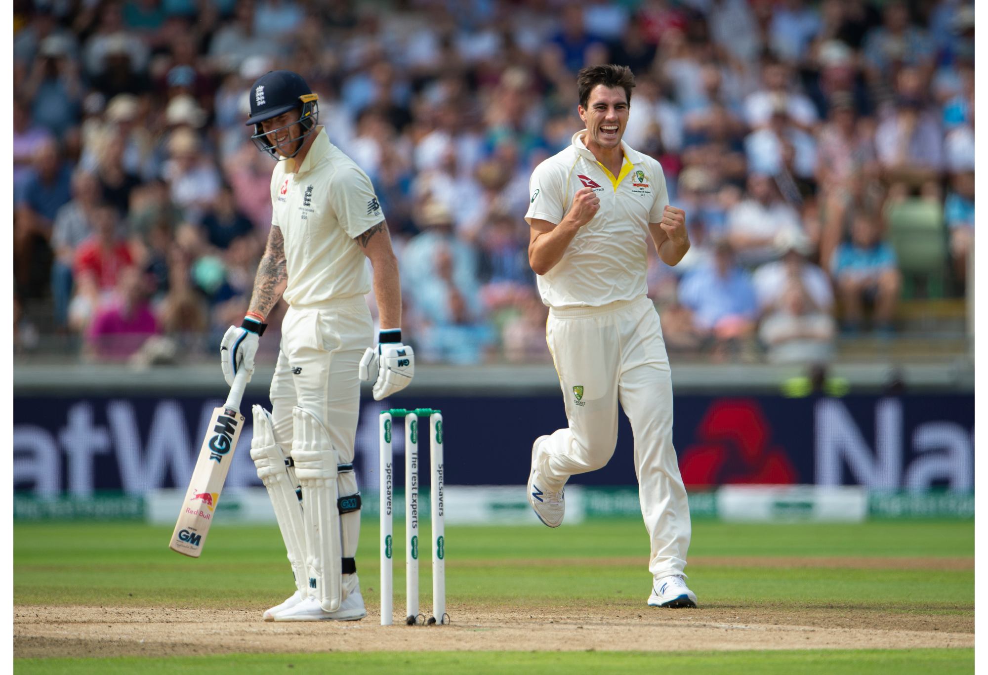 BIRMINGHAM, ENGLAND - AUGUST 03: Pat Cummins of Australia celebrates taking the wicket of Ben Stokes of England during day three of the First Ashes test match at Edgbaston on August 3, 2019 in Birmingham, England. (Photo by Visionhaus/Getty Images)