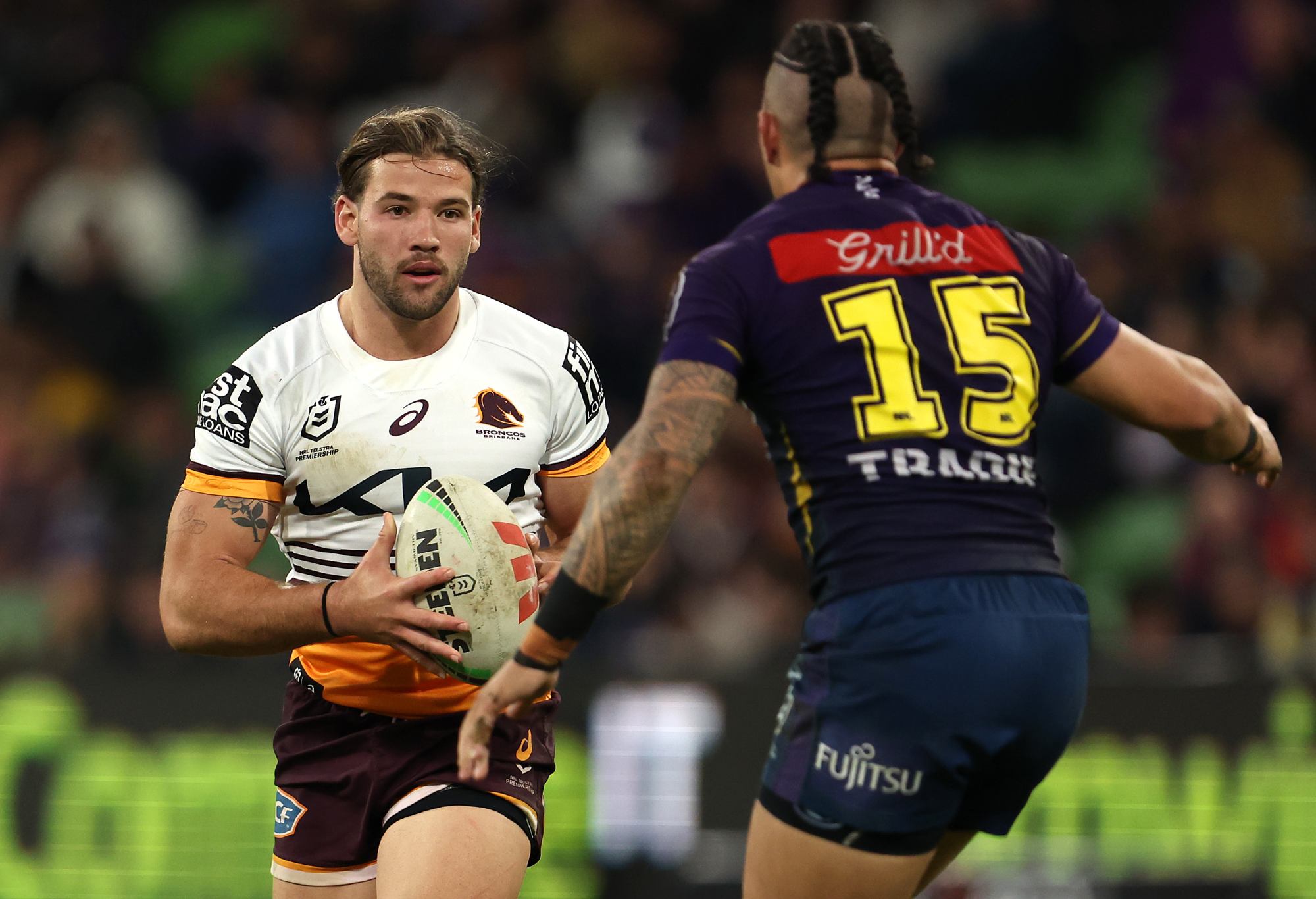 MELBOURNE, AUSTRALIA - MAY 11: Patrick Carrigan of the Broncos runs the ball during the round 11 NRL match between Melbourne Storm and Brisbane Broncos at AAMI Park on May 11, 2023 in Melbourne, Australia. (Photo by Robert Cianflone/Getty Images)