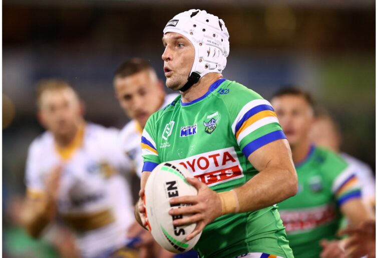 CANBERRA, AUSTRALIA - MAY 13: Jarrod Croker of the Raiders makes a line break during the round 11 NRL match between Canberra Raiders and Parramatta Eels at GIO Stadium on May 13, 2023 in Canberra, Australia. (Photo by Mark Nolan/Getty Images)