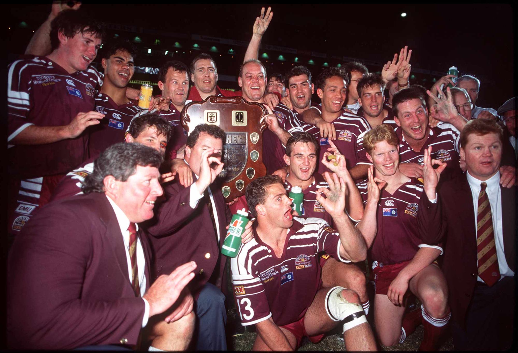 Queensland celebrate their 1995 State of Origin triumph.