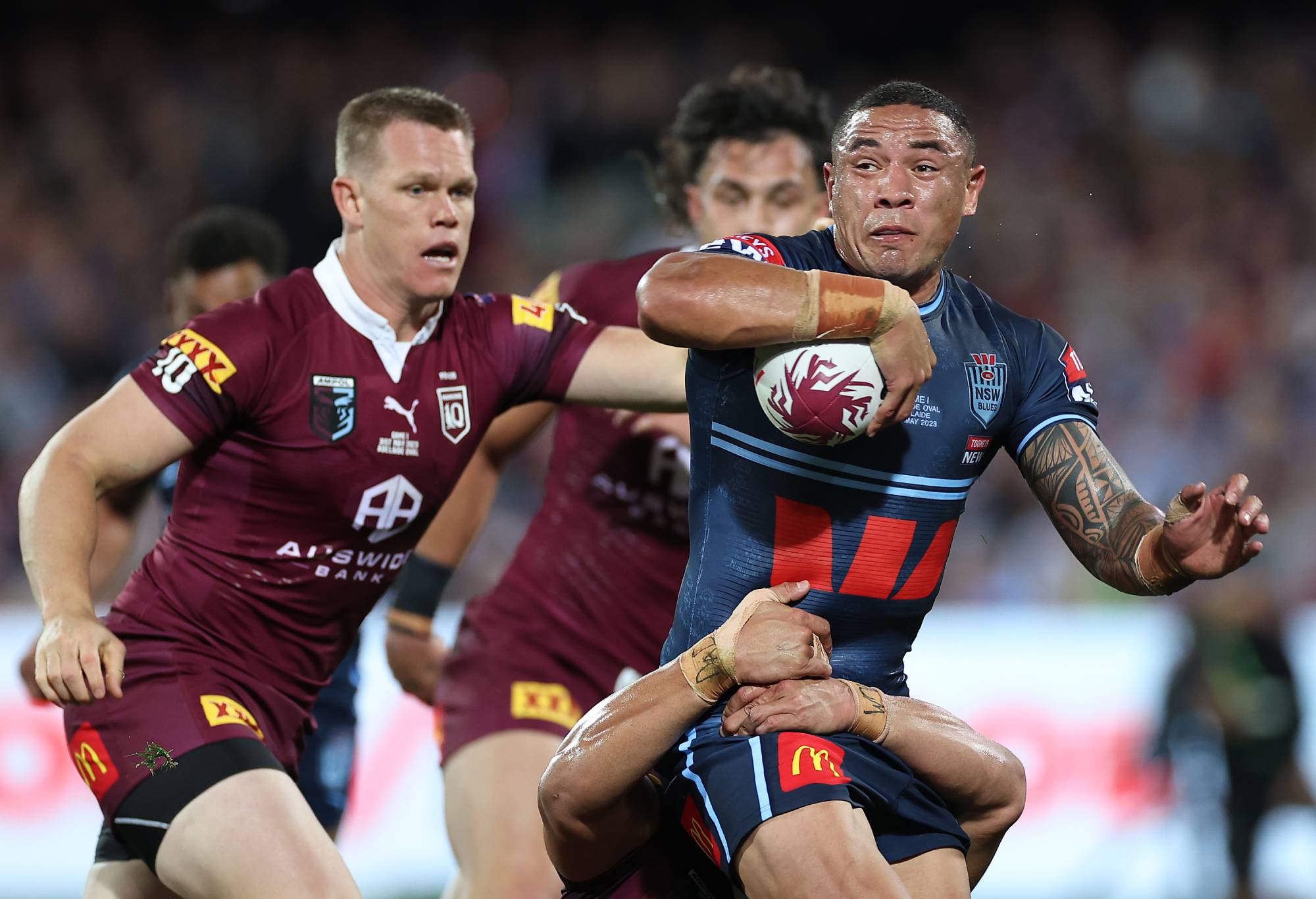 Tyson Frizell of the Blues is tackled during game one of the 2023 State of Origin series between the Queensland Maroons and New South Wales Blues at Adelaide Oval on May 31, 2023 in Adelaide, Australia. (Photo by Cameron Spencer/Getty Images)