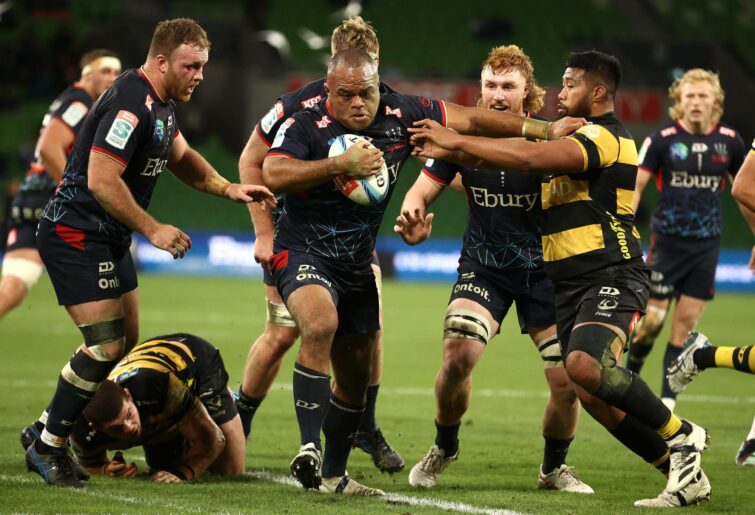Sam Talakai of the Rebels makes a break during the round 14 Super Rugby Pacific match between Melbourne Rebels and Western Force at AAMI Park, on May 26, 2023, in Melbourne, Australia. (Photo by Robert Cianflone/Getty Images)