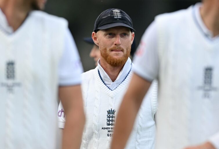 England captain Ben Stokes leaves the field at stumps on Day One of the LV= Insurance Ashes 2nd Test match between England and Australia at Lord's Cricket Ground on June 28, 2023 in London, England. (Photo by Gareth Copley - ECB/ECB via Getty Images)