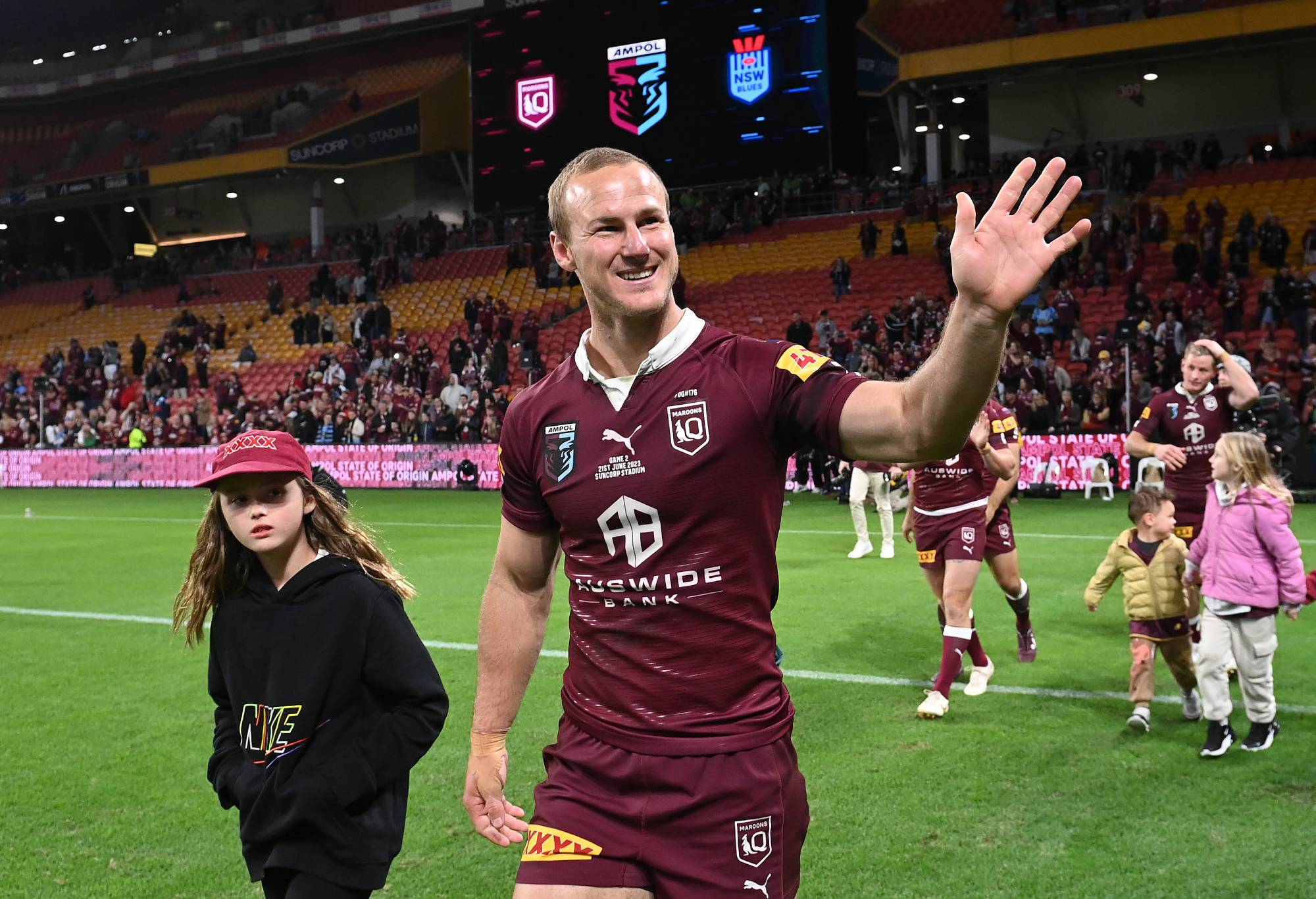 Daly Cherry-Evans of the Maroons celebrates victory following game two of the State of Origin series between the Queensland Maroons and the New South Wales Blues at Suncorp Stadium on June 21, 2023 in Brisbane, Australia. (Photo by Bradley Kanaris/Getty Images)