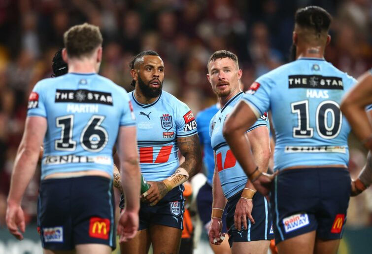 Josh Addo-Carr of the Blues react after a Maroons try during game two of the State of Origin series between the Queensland Maroons and the New South Wales Blues at Suncorp Stadium on June 21, 2023 in Brisbane, Australia. (Photo by Chris Hyde/Getty Images)