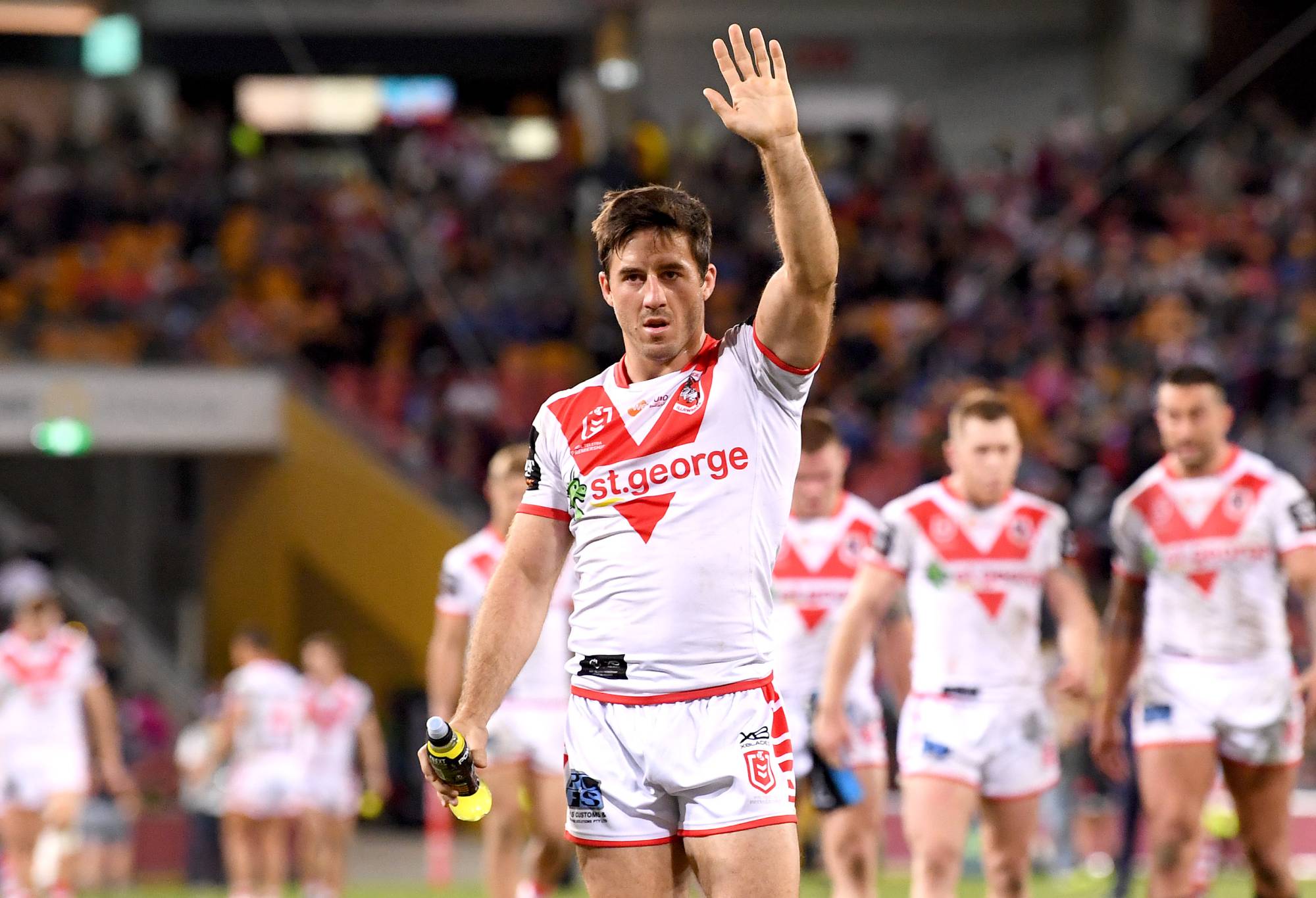 BRISBANE, AUSTRALIA - MAY 11: Ben Hunt of the Dragons waves to fans during the round nine NRL match between the New Zealand Warriors and the St George Illawarra Dragons at Suncorp Stadium on May 11, 2019 in Brisbane, Australia. (Photo by Bradley Kanaris/Getty Images)