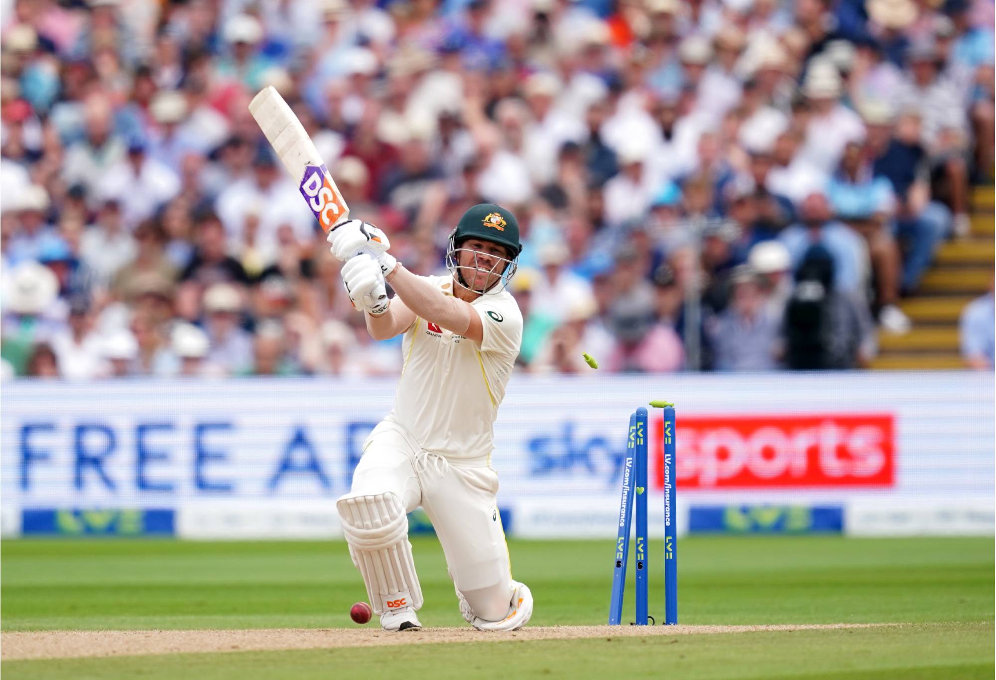 Australia's David Warner bowled out by England's Stuart Broad (not pictured) during day two of the first Ashes test match at Edgbaston, Birmingham. Picture date: Saturday June 17, 2023. (Photo by David Davies/PA Images via Getty Images)