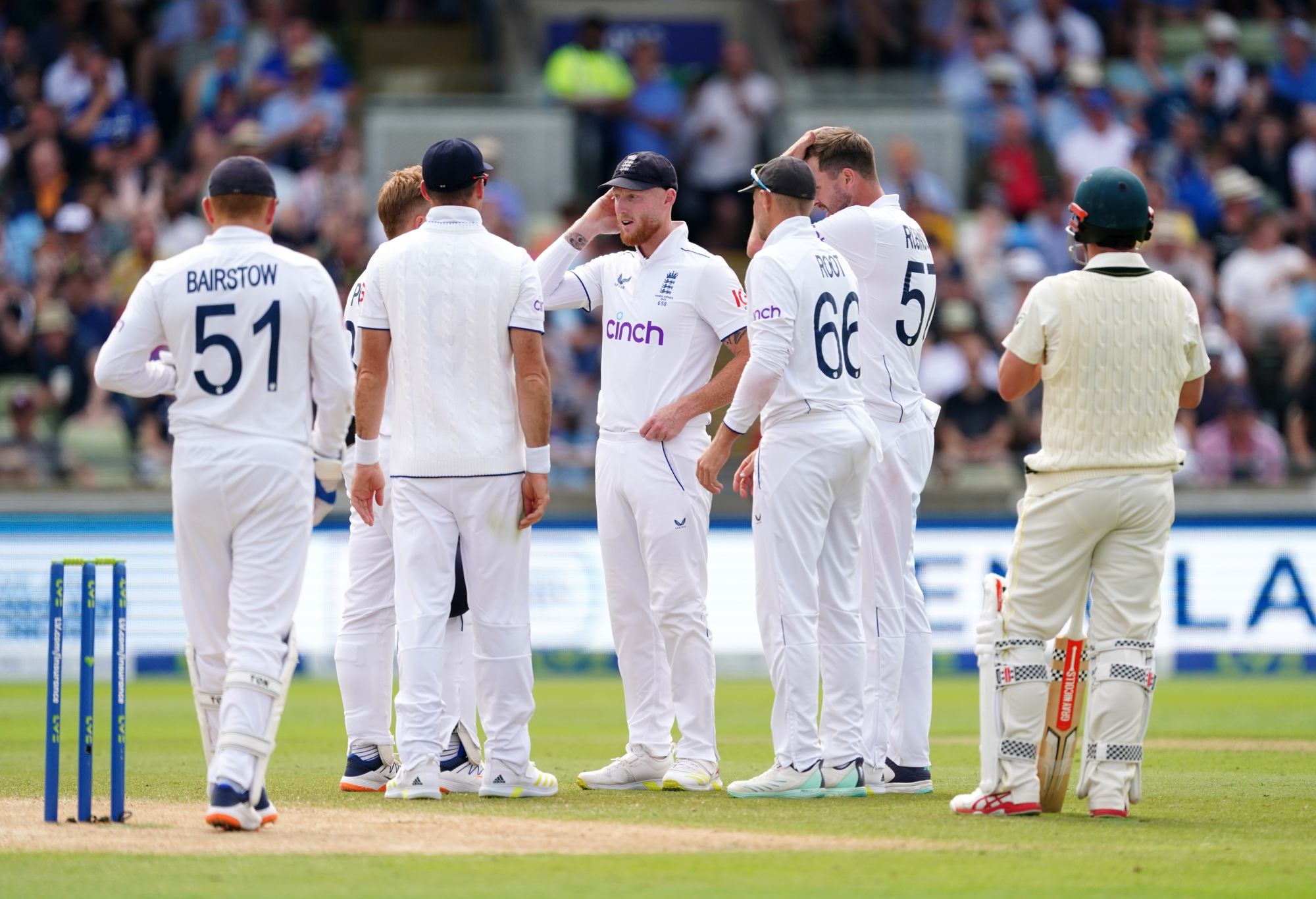 England's Ben Stokes (centre) discusses a decision review with team-mates for Australia's Travis Head during day two first Ashes test match at Edgbaston, Birmingham. Picture date: Saturday June 17, 2023. (Photo by Mike Egerton/PA Images via Getty Images)