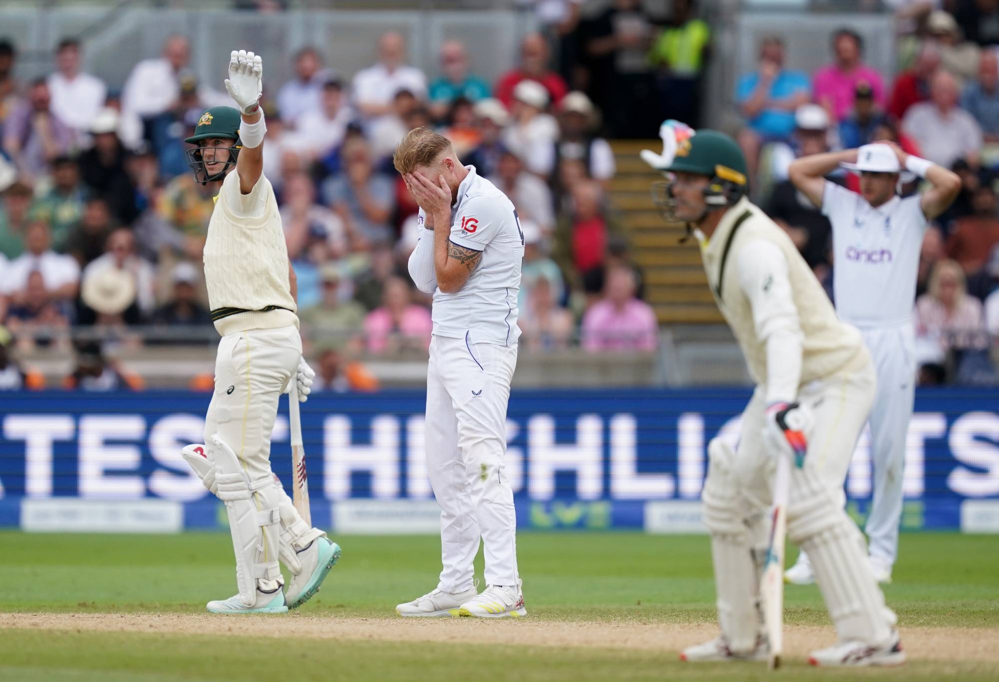 England's Ben Stokes (centre) reacts during day five of the first Ashes test match at Edgbaston, Birmingham. Picture date: Tuesday June 20, 2023. (Photo by Martin Rickett/PA Images via Getty Images)