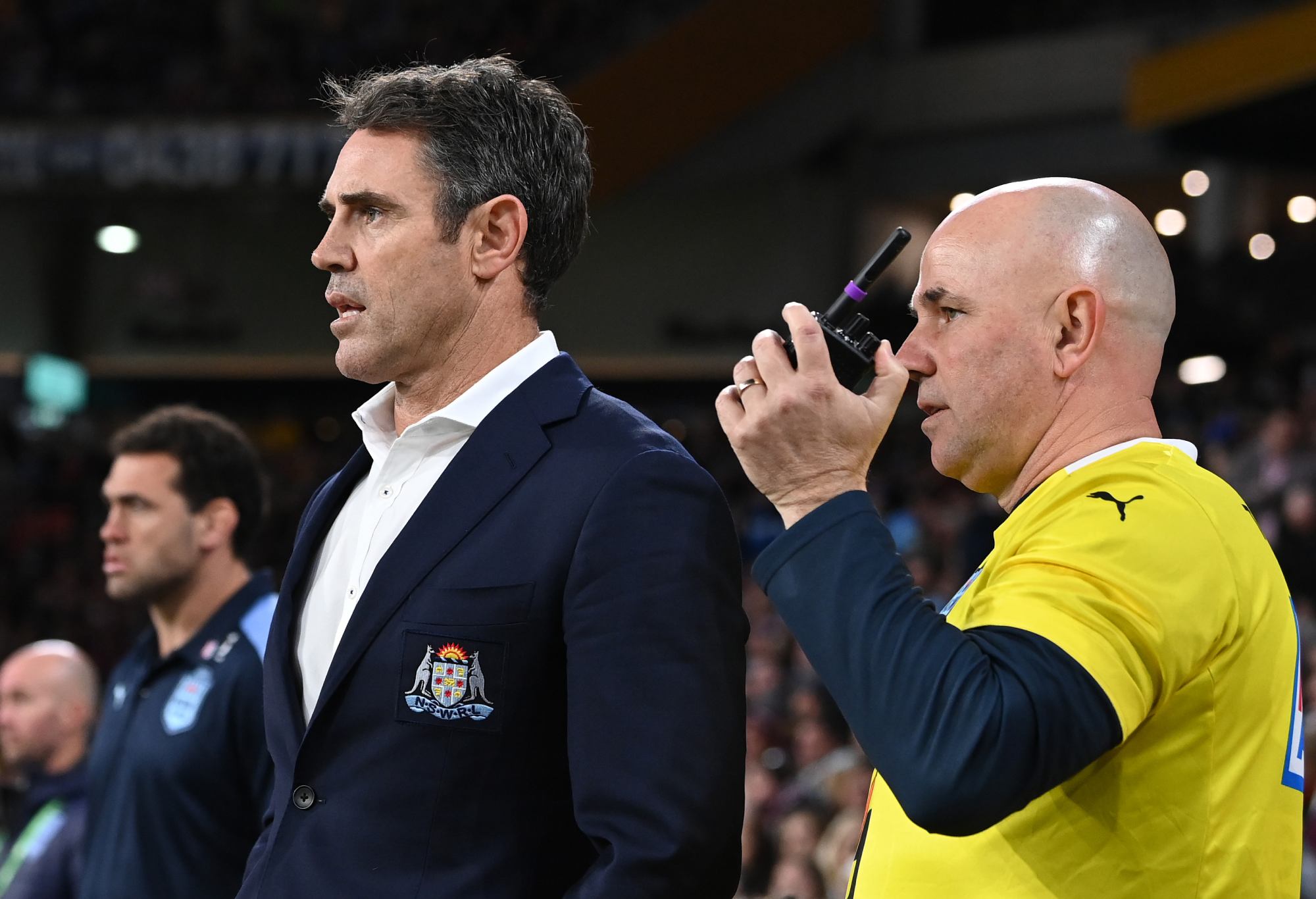 BRISBANE, AUSTRALIA - JULY 13: Brad Fittler head coach of the Blues looks on from the sideline during game three of the State of Origin Series between the Queensland Maroons and the New South Wales Blues at Suncorp Stadium on July 13, 2022 in Brisbane, Australia. (Photo by Bradley Kanaris/Getty Images)
