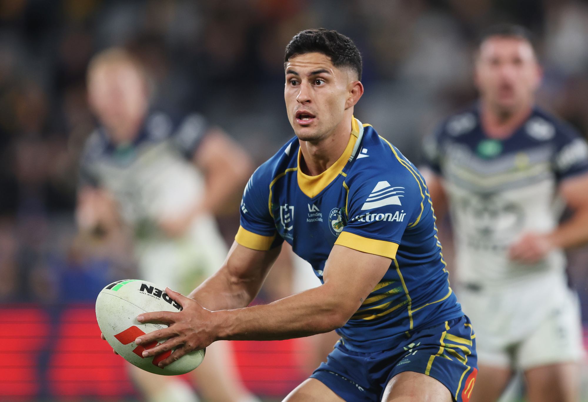 SYDNEY, AUSTRALIA - MAY 26: Dylan Brown of the Eels runs with the ball during the round 13 NRL match between Parramatta Eels and North Queensland Cowboys at CommBank Stadium on May 26, 2023 in Sydney, Australia. (Photo by Mark Metcalfe/Getty Images)