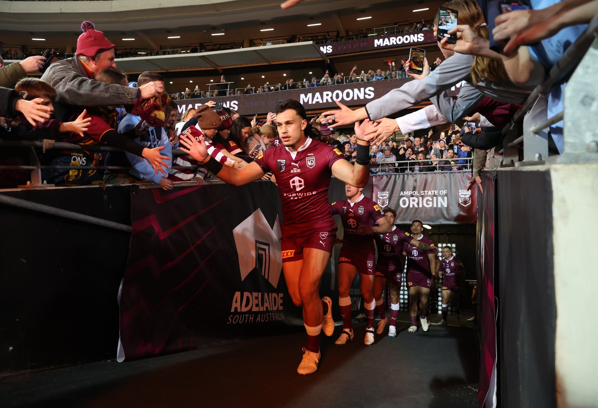 ADELAIDE, AUSTRALIA - MAY 31: Tino Fa'asuamaleaui of the Maroons runs onto the field during game one of the 2023 State of Origin series between the Queensland Maroons and New South Wales Blues at Adelaide Oval on May 31, 2023 in Adelaide, Australia. (Photo by Mark Kolbe/Getty Images)