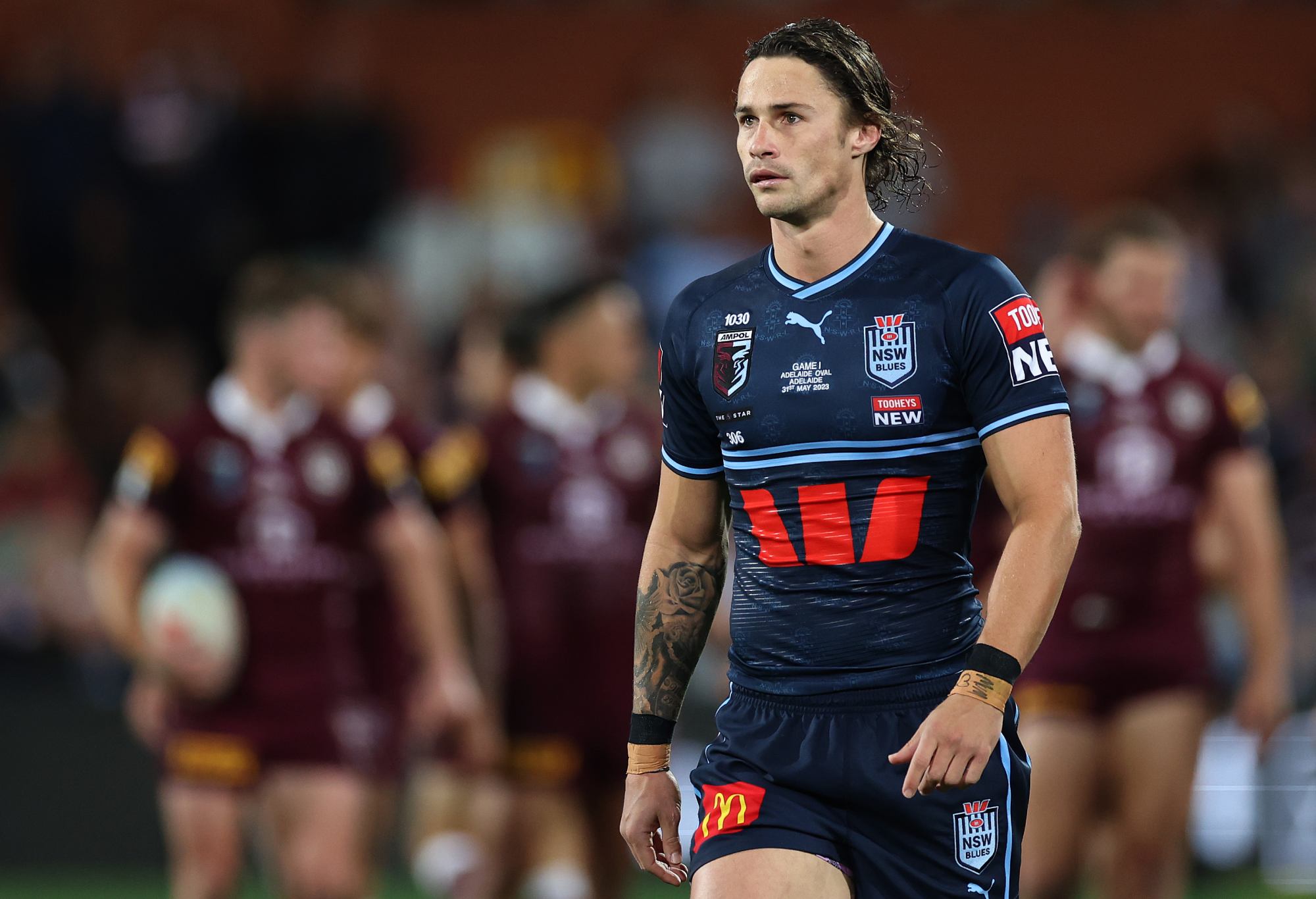 ADELAIDE, AUSTRALIA - MAY 31: Nicholas Hynes of the Blues looks dejected during game one of the 2023 State of Origin series between the Queensland Maroons and New South Wales Blues at Adelaide Oval on May 31, 2023 in Adelaide, Australia. (Photo by Mark Kolbe/Getty Images)