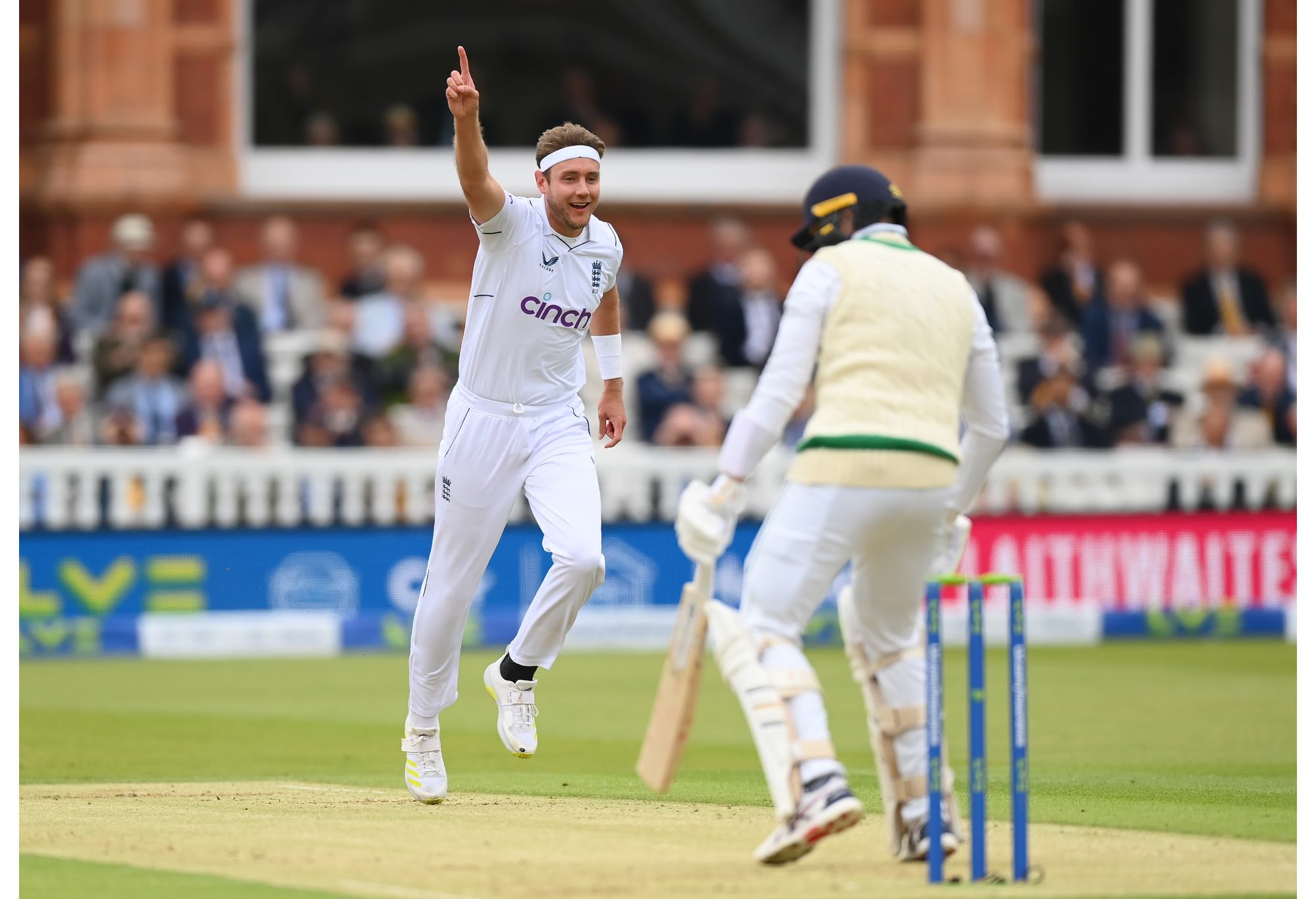 LONDON, ENGLAND - JUNE 01: Stuart Broad of England celebrates taking the wicket of Peter Moor of Ireland during Day One of the LV= Insurance Test Match between England and Ireland at Lord's Cricket Ground on June 01, 2023 in London, England. (Photo by Alex Davidson/Getty Images)