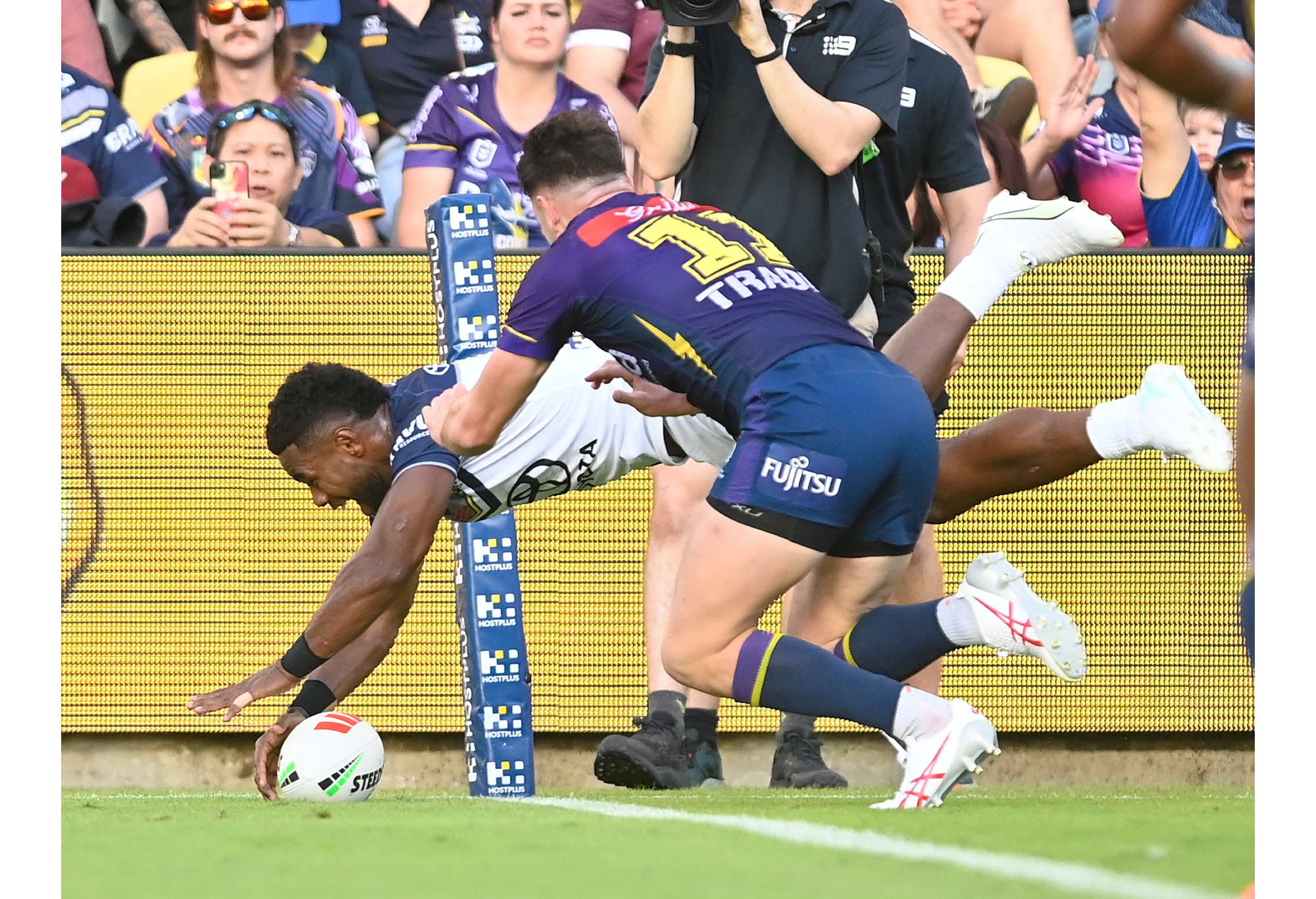 TOWNSVILLE, AUSTRALIA - JUNE 04: Semi Valemei of the Cowboys scores a try during the round 14 NRL match between North Queensland Cowboys and Melbourne Storm at Qld Country Bank Stadium on June 04, 2023 in Townsville, Australia. (Photo by Ian Hitchcock/Getty Images)
