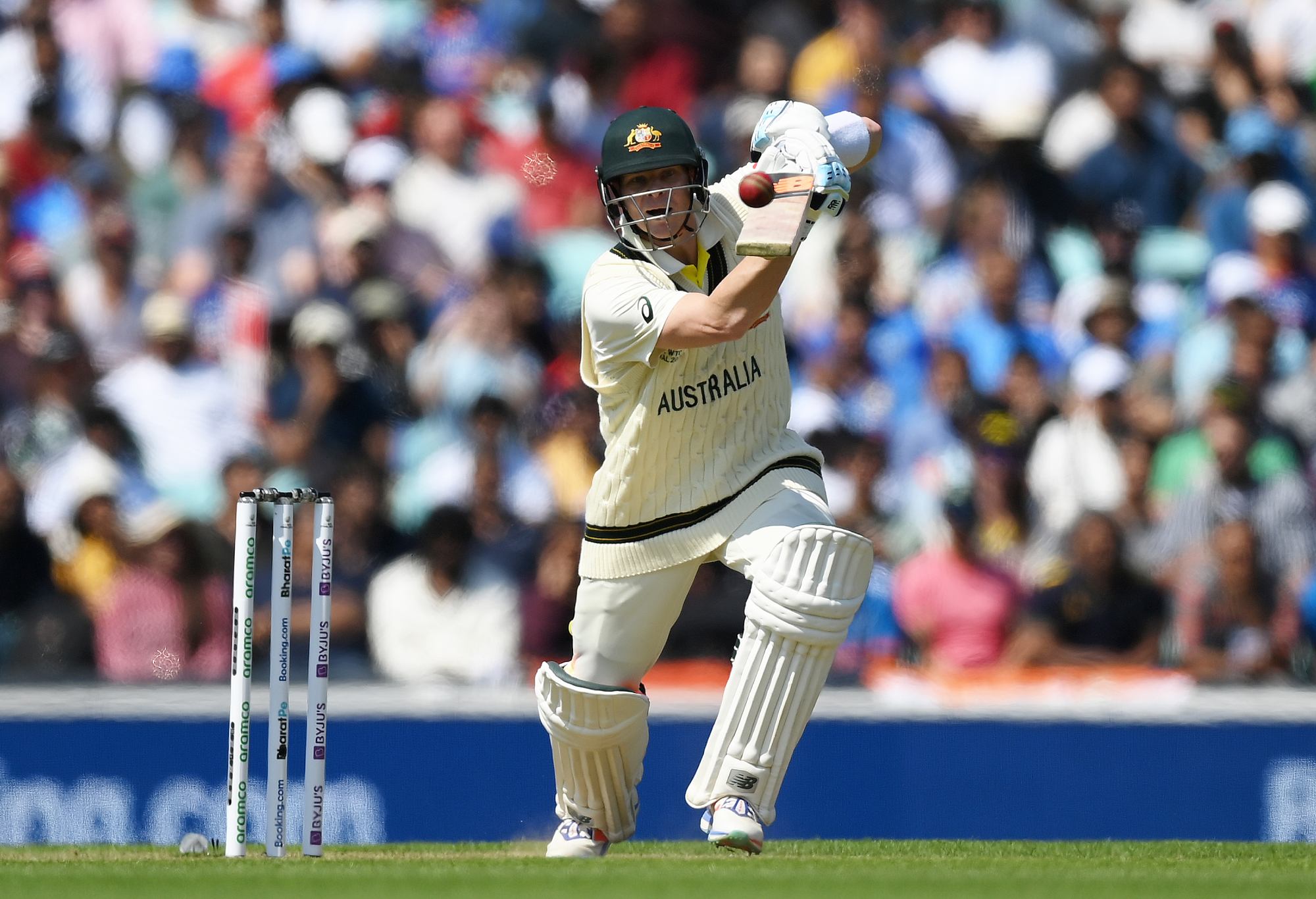 LONDON, ENGLAND - JUNE 07: Steven Smith of Australia bats during day one of the ICC World Test Championship Final between Australia and India at The Oval on June 07, 2023 in London, England. (Photo by Alex Davidson-ICC/ICC via Getty Images)
