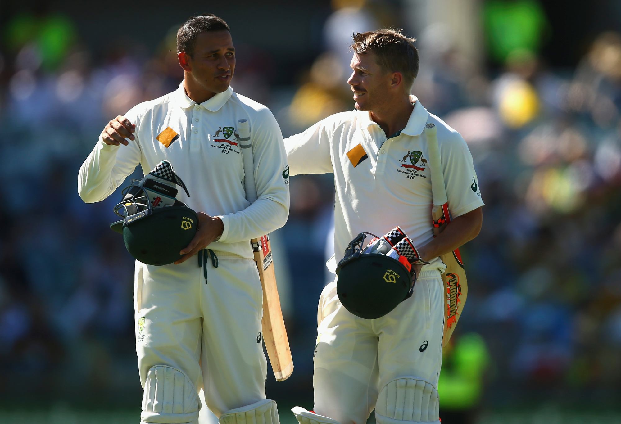 PERTH, AUSTRALIA - NOVEMBER 13: Usman Khawaja and David Warner of Australia leaves the ground at tea during day one of the second Test match between Australia and New Zealand at WACA on November 13, 2015 in Perth, Australia. (Photo by Ryan Pierse - CA/Cricket Australia via Getty Images/Getty Images)