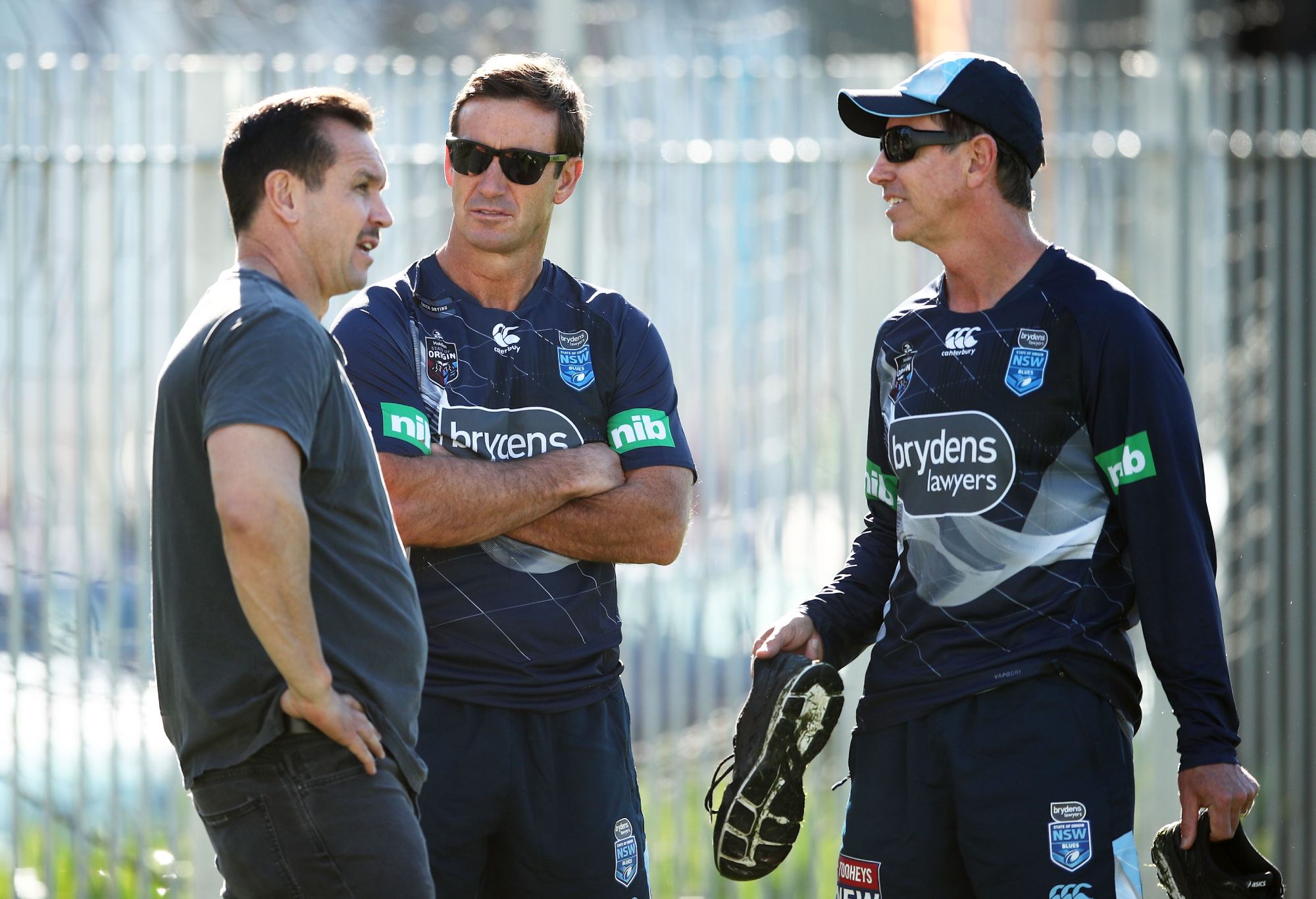 SYDNEY, AUSTRALIA - JULY 05: (L-R) Matthew Johns, Andrew Johns and Greg Alexander talk during a New South Wales Blues State of Origin training session at NSWRL Centre of Excellence Field on July 5, 2018 in Sydney, Australia. (Photo by Matt King/Getty Images)